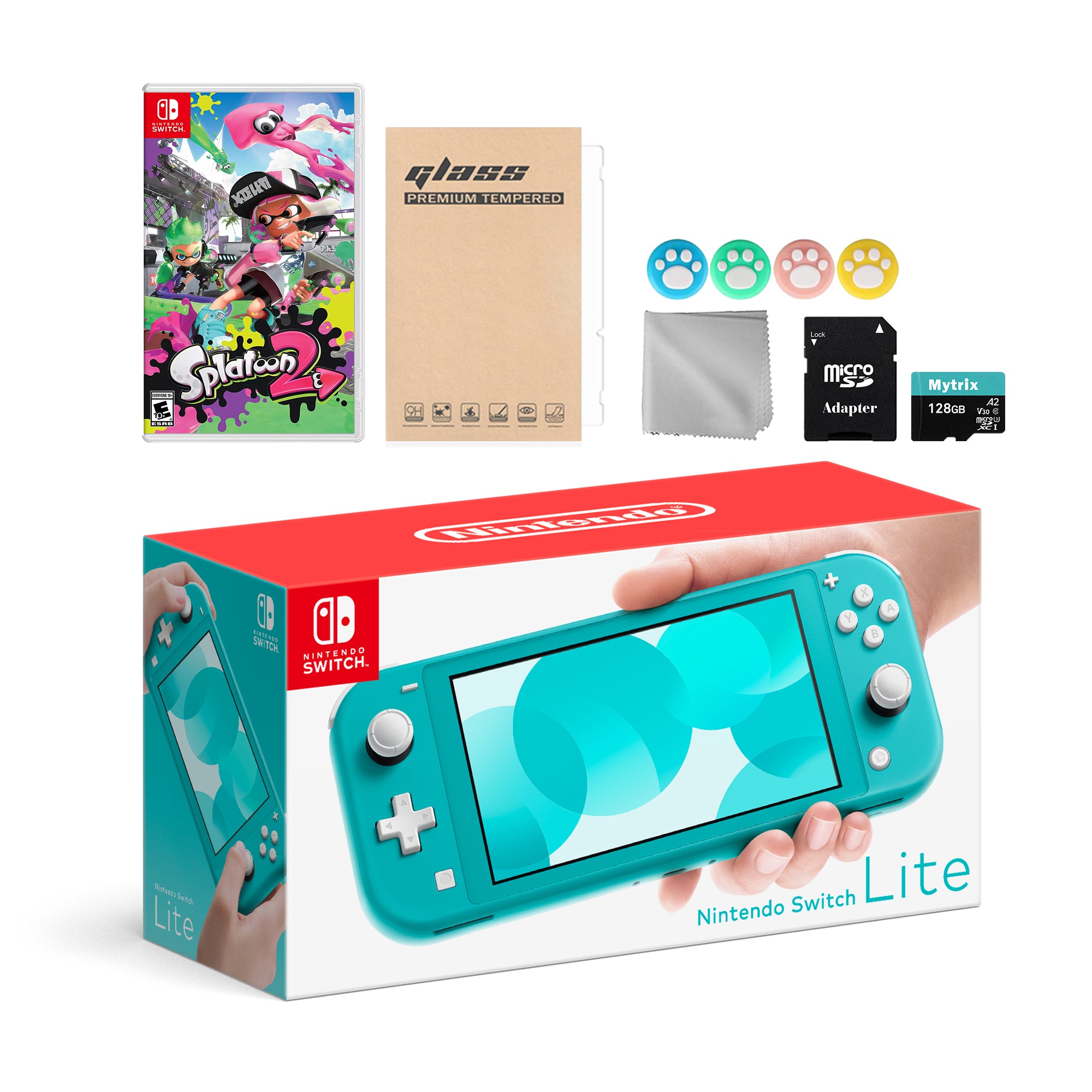 Nintendo Switch Lite Turquoise with Splatoon 2, Mytrix 128GB MicroSD Card and Accessories NS Game Disc Bundle Best Holiday Gift