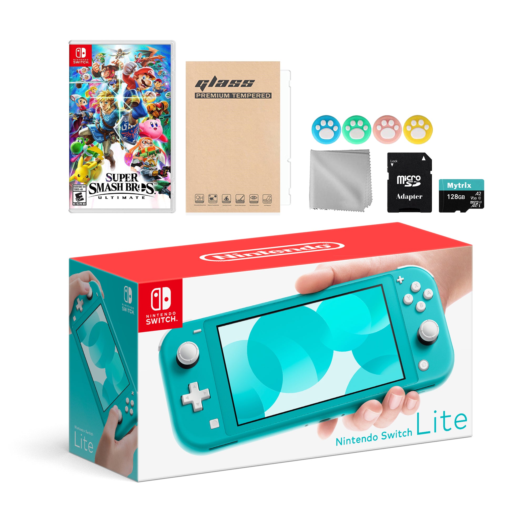 Nintendo Switch Lite Turquoise with Super Smash Bros. Ultimate, Mytrix 128GB MicroSD Card and Accessories NS Game Disc Bundle Best Holiday Gift