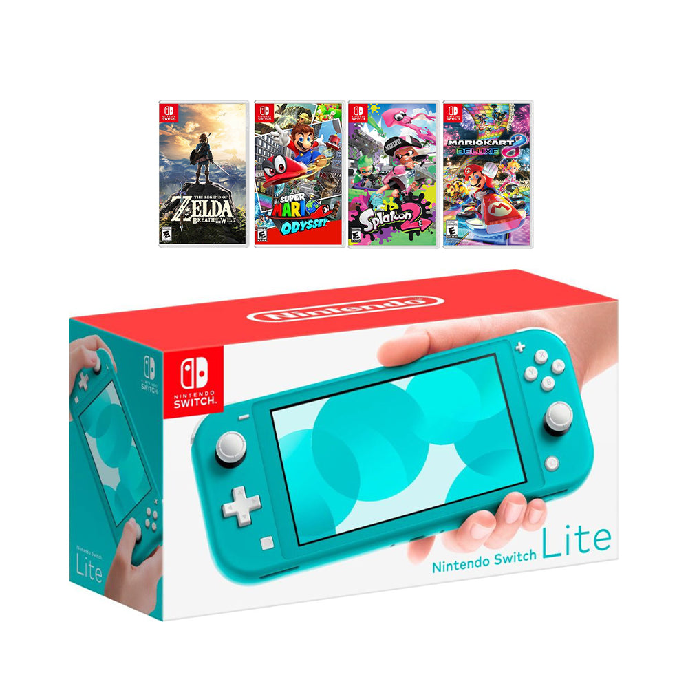 New Nintendo Switch Lite Turquoise Console Bundle with 4 Games: The Legend of Zelda: Breath of the Wild, Super Mario Odyssey, Splatoon 2, and Super Mario Kart 8!