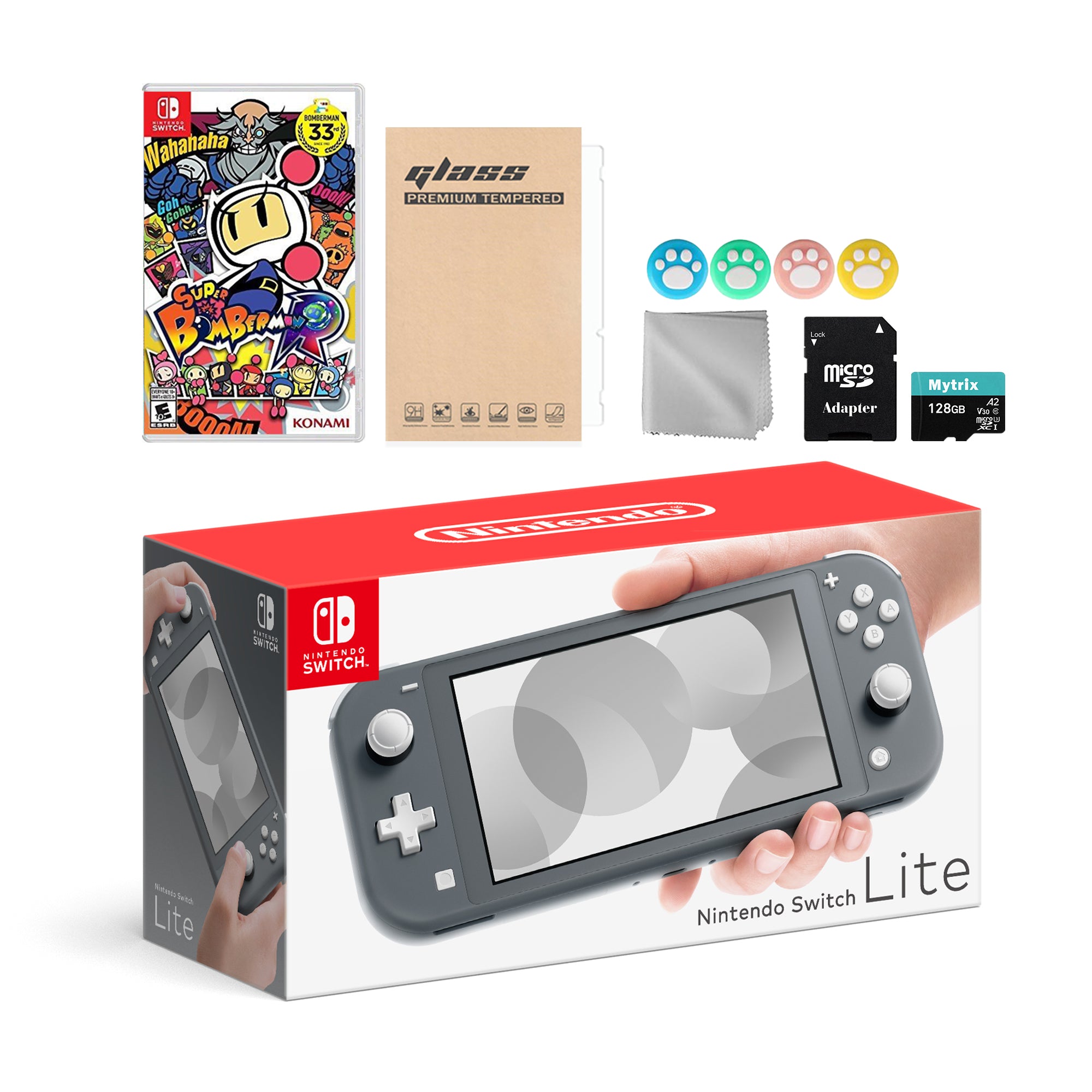 Nintendo Switch Lite Gray with Super Bomberman R, Mytrix 128GB MicroSD Card and Accessories NS Game Disc Bundle Best Holiday Gift