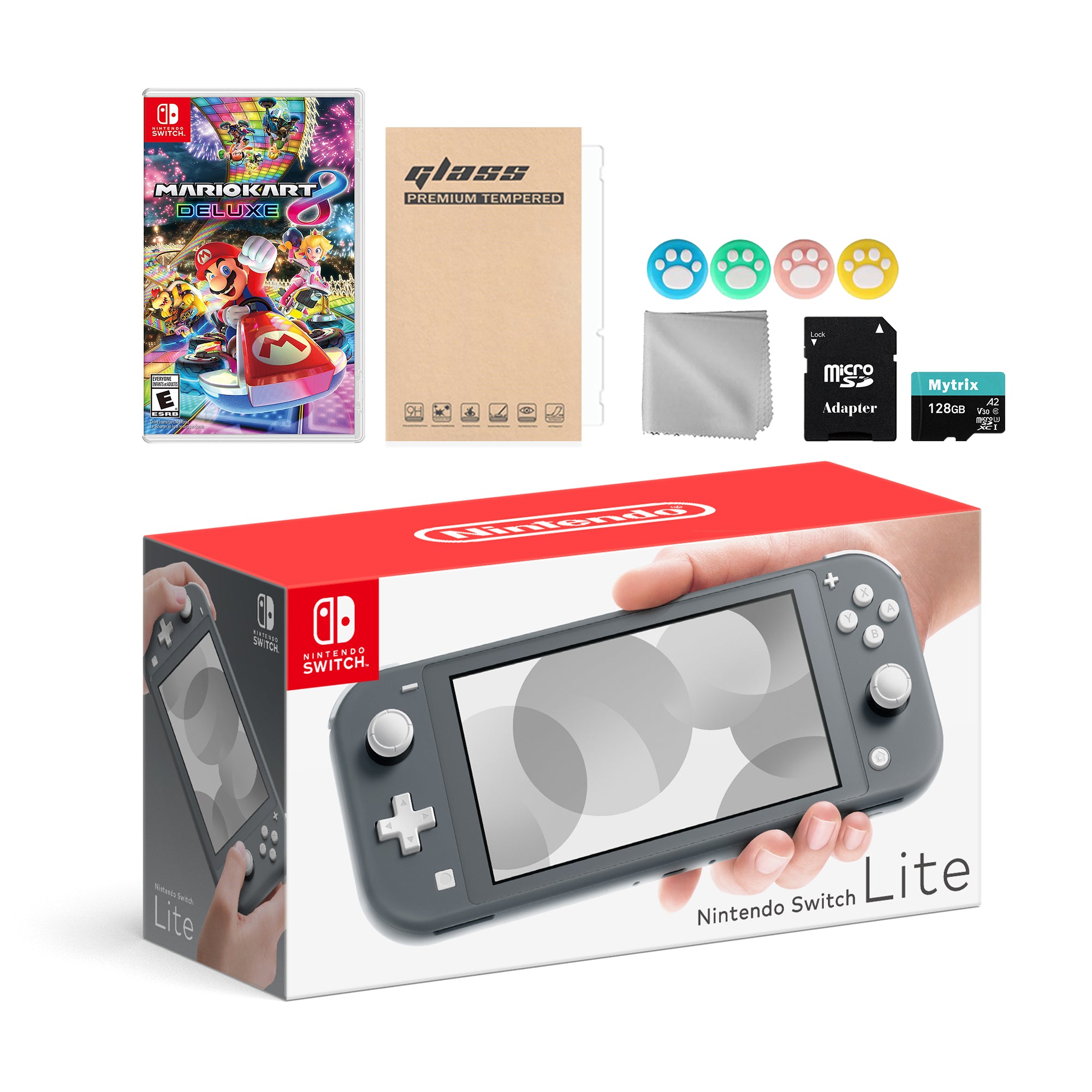 Nintendo Switch Lite Gray with Mario Kart 8 Deluxe, Mytrix 128GB MicroSD Card and Accessories NS Game Disc Bundle Best Holiday Gift