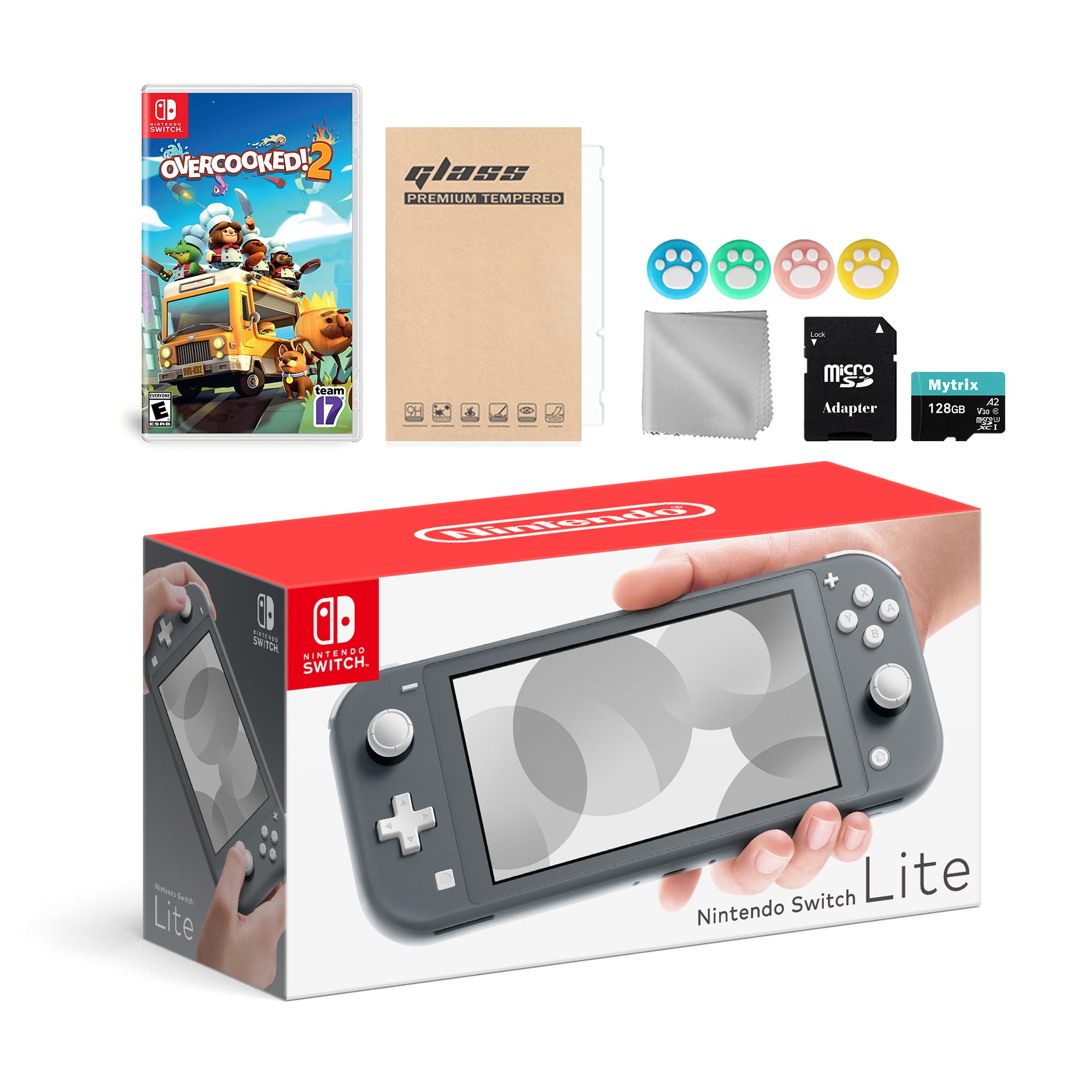 Nintendo Switch Lite Gray with Overcooked! 2, Mytrix 128GB MicroSD Card and Accessories NS Game Disc Bundle Best Holiday Gift