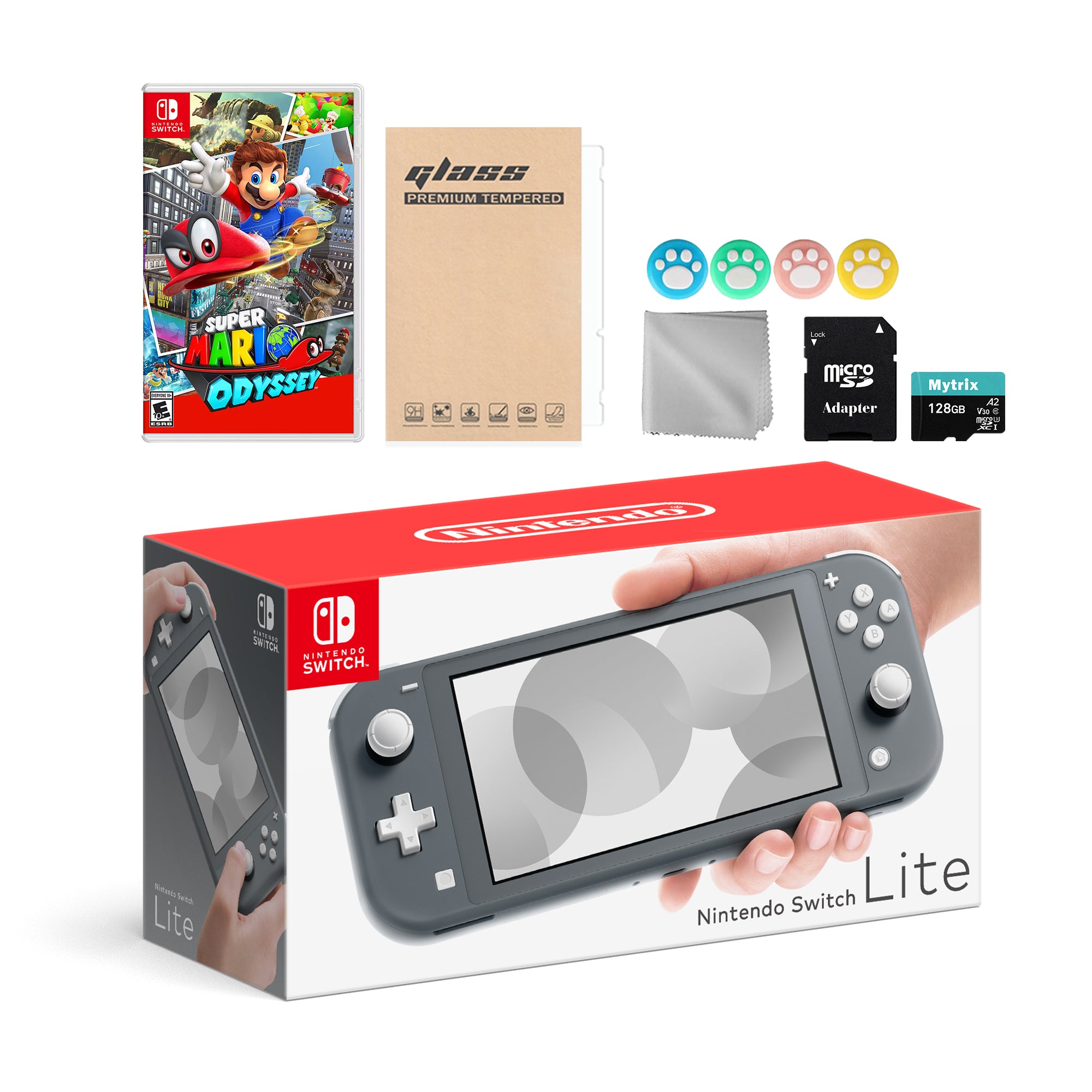 Nintendo Switch Lite Gray with Super Mario Odyssey, Mytrix 128GB MicroSD Card and Accessories NS Game Disc Bundle Best Holiday Gift