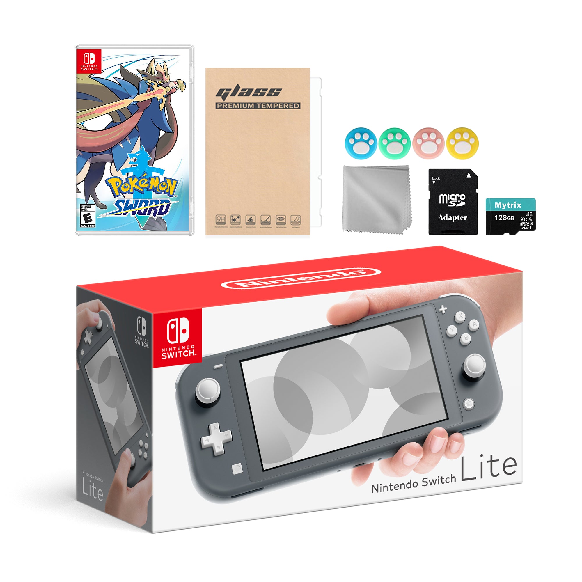 Nintendo Switch Lite Gray with Pokemon Sword, Mytrix 128GB MicroSD Card and Accessories NS Game Disc Bundle Best Holiday Gift