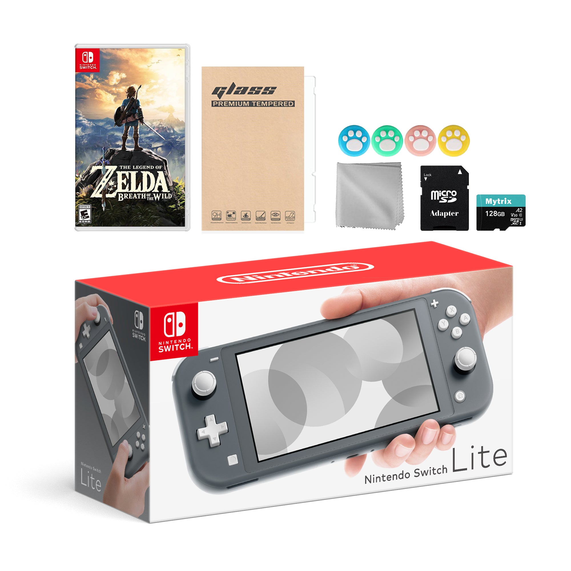 Nintendo Switch Lite Gray with The Legend of Zelda: Breath of the Wild, Mytrix 128GB MicroSD Card and Accessories NS Game Disc Bundle Best Holiday Gift