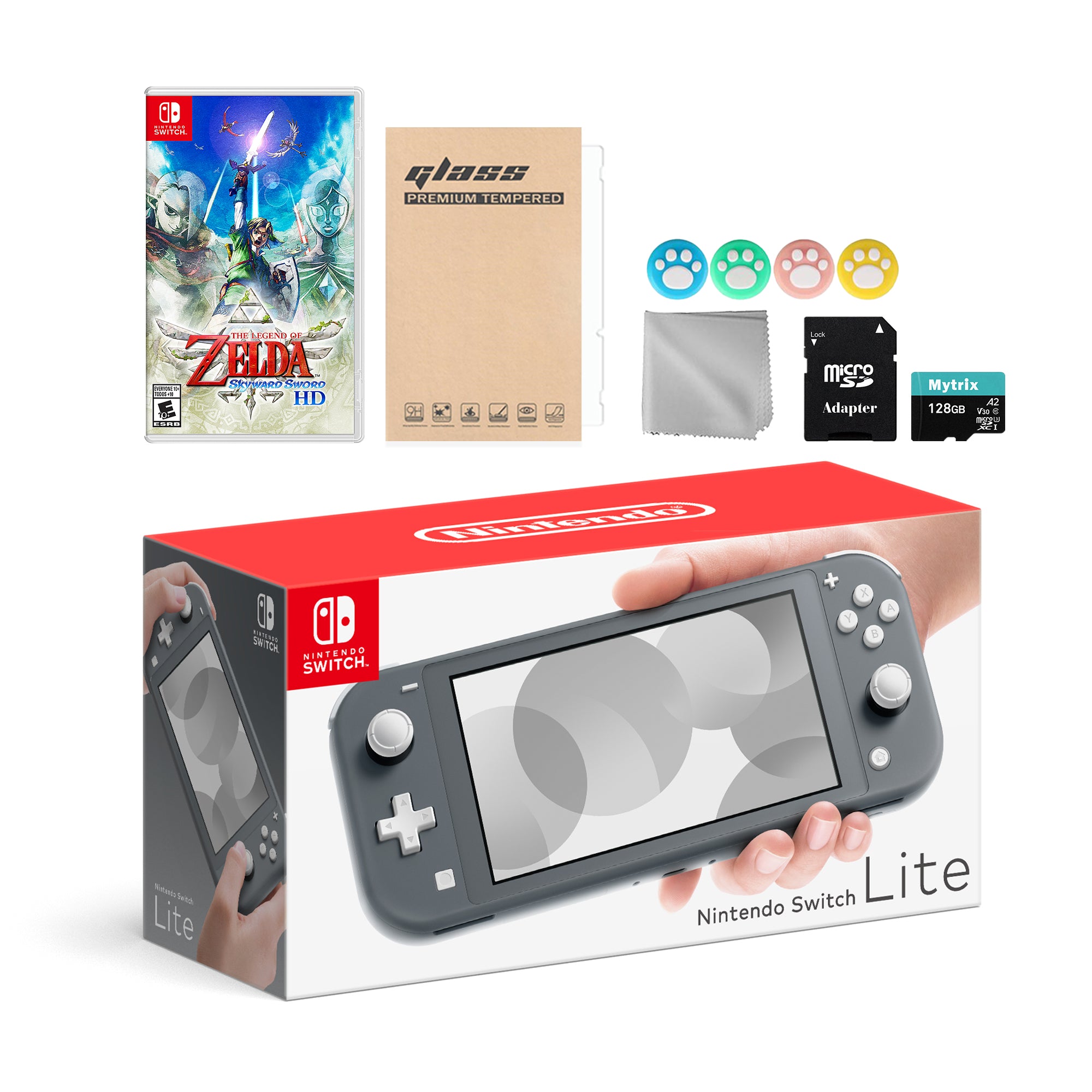 Nintendo Switch Lite Gray with The Legend of Zelda: Skyward Sword HD, Mytrix 128GB MicroSD Card and Accessories NS Game Disc Bundle Best Holiday Gift