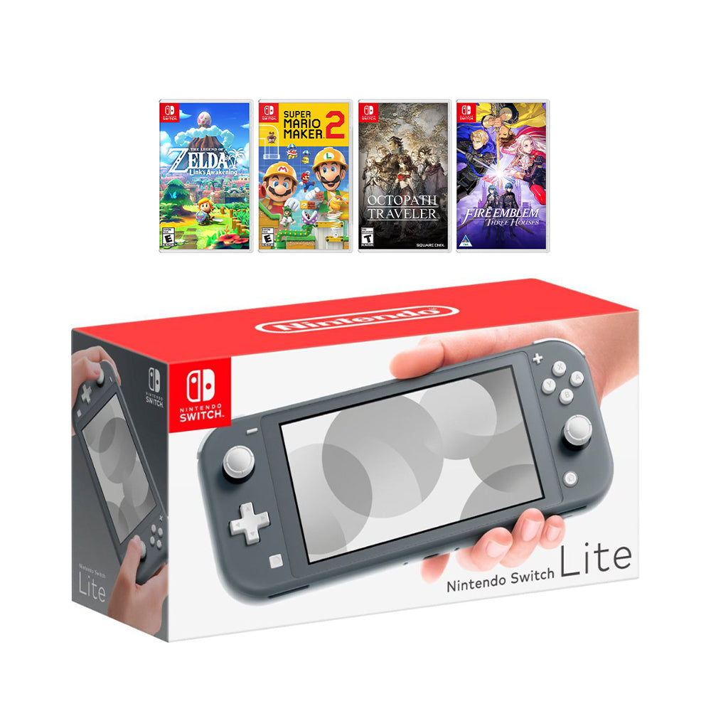 New Nintendo Switch Lite Gray Console Bundle with 4 Games: The Legend of Zelda Link's Awakening, Super Mario Maker 2, Octopath Traveler, and Fire Emblem: Three Houses!