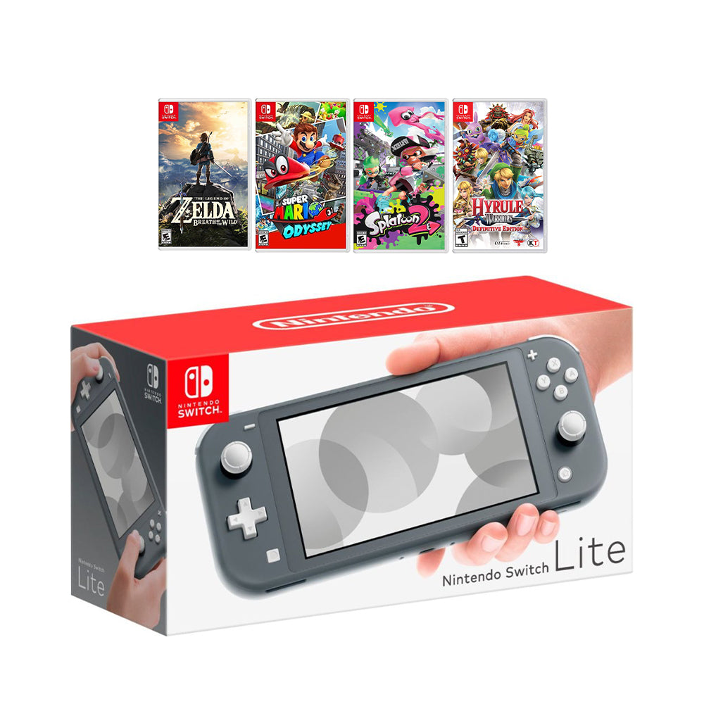 New Nintendo Switch Lite Gray Console Bundle with 4 Games: The Legend of Zelda: Breath of the Wild, Super Mario Odyssey, Splatoon 2, and Hyrule Warriors: Definitive Edition!