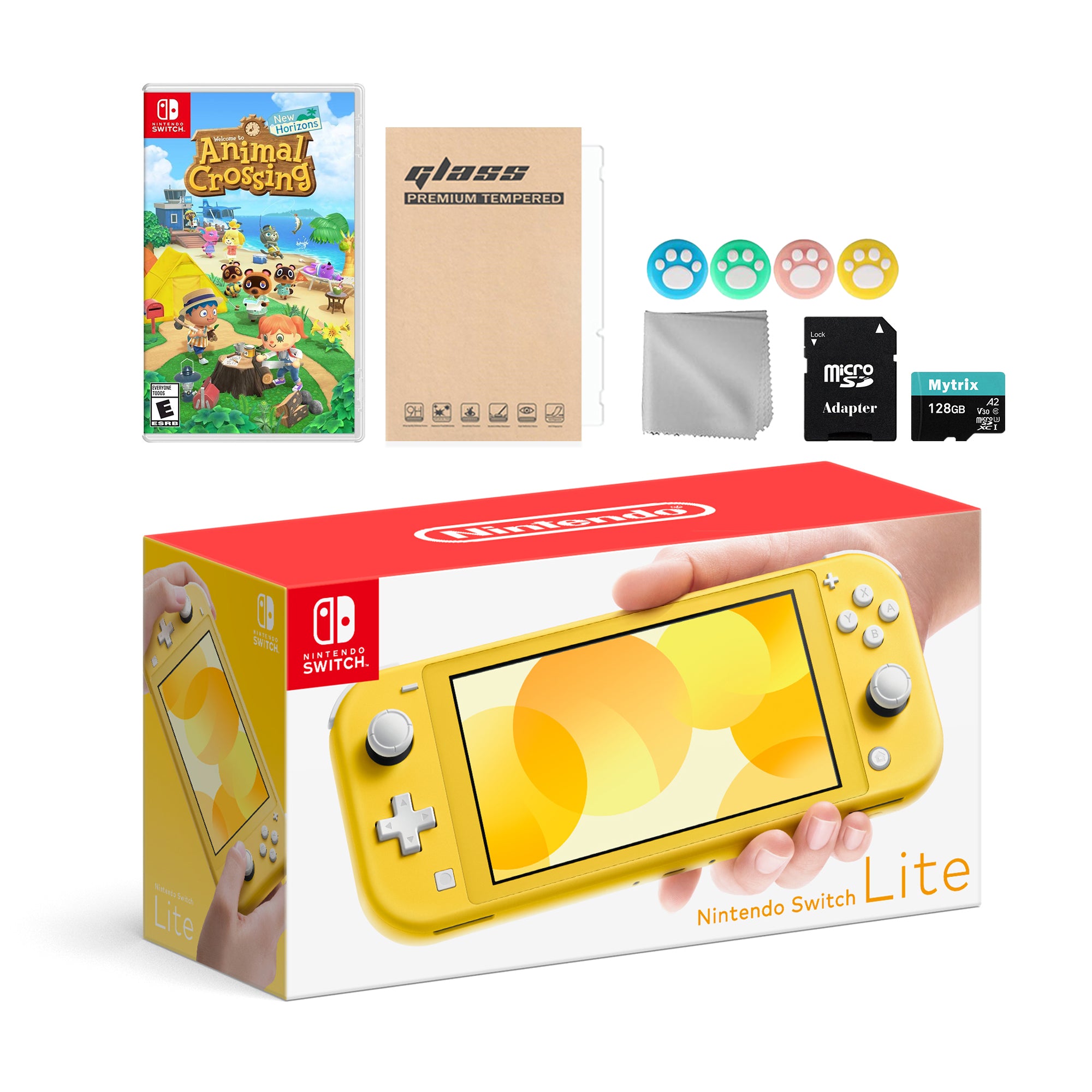 Nintendo Switch Lite Yellow with Animal Crossing: New Horizons, Mytrix 128GB MicroSD Card and Accessories NS Game Disc Bundle Best Holiday Gift