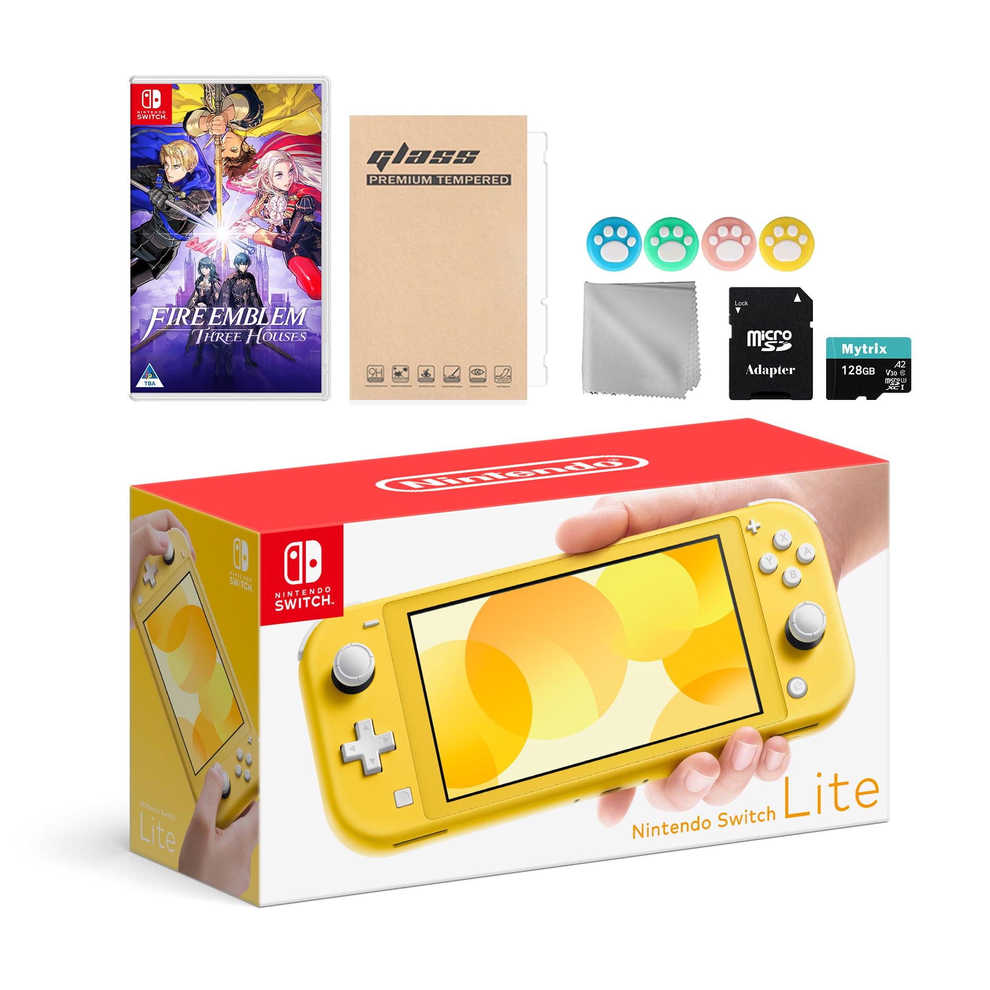 Nintendo Switch Lite Yellow with Fire Emblem: Three Houses, Mytrix 128GB MicroSD Card and Accessories NS Game Disc Bundle Best Holiday Gift