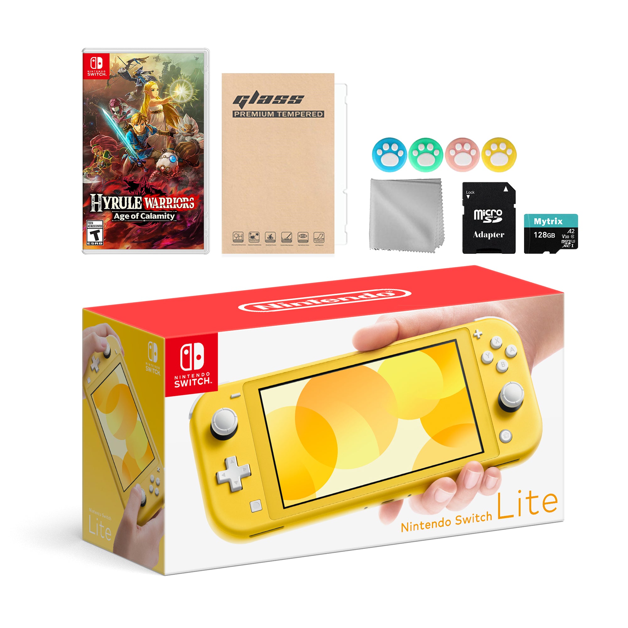 Nintendo Switch Lite Yellow with Hyrule Warriors: Age of Calamity, Mytrix 128GB MicroSD Card and Accessories NS Game Disc Bundle Best Holiday Gift