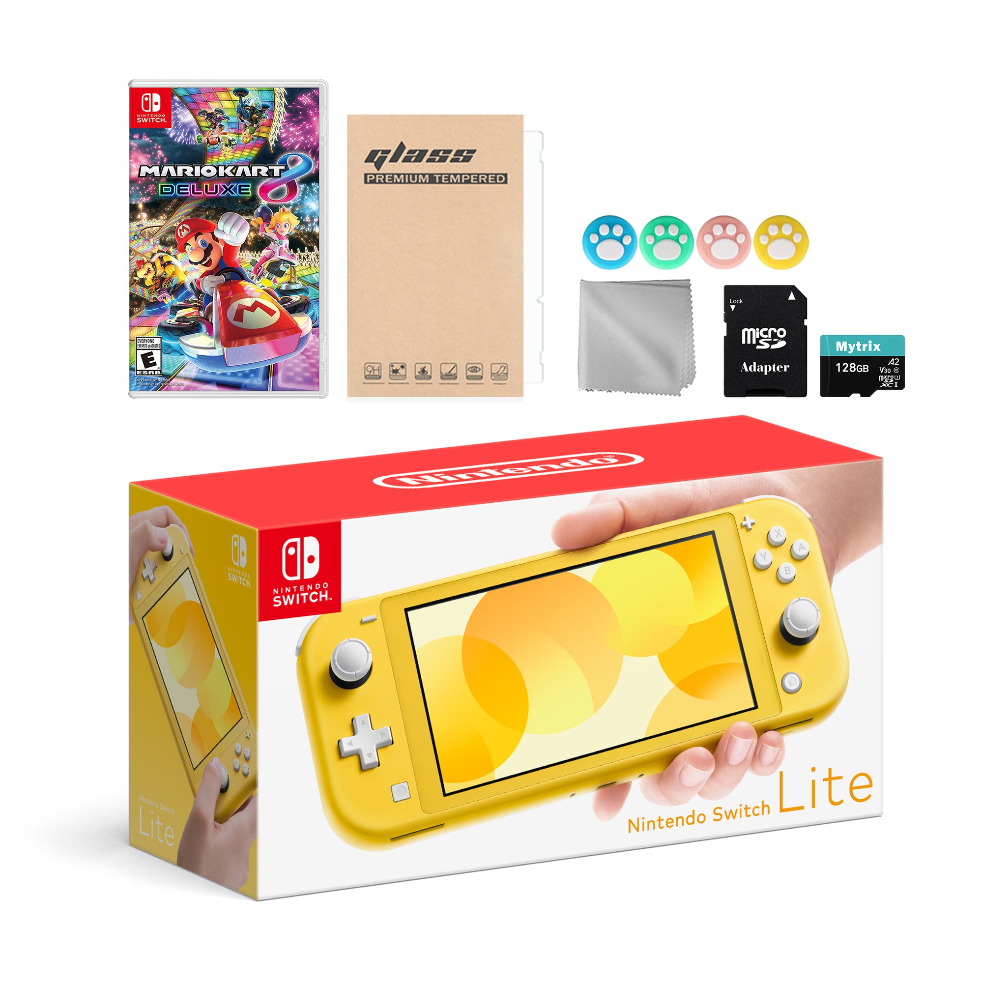Nintendo Switch Lite Yellow with Mario Kart 8 Deluxe, Mytrix 128GB MicroSD Card and Accessories NS Game Disc Bundle Best Holiday Gift