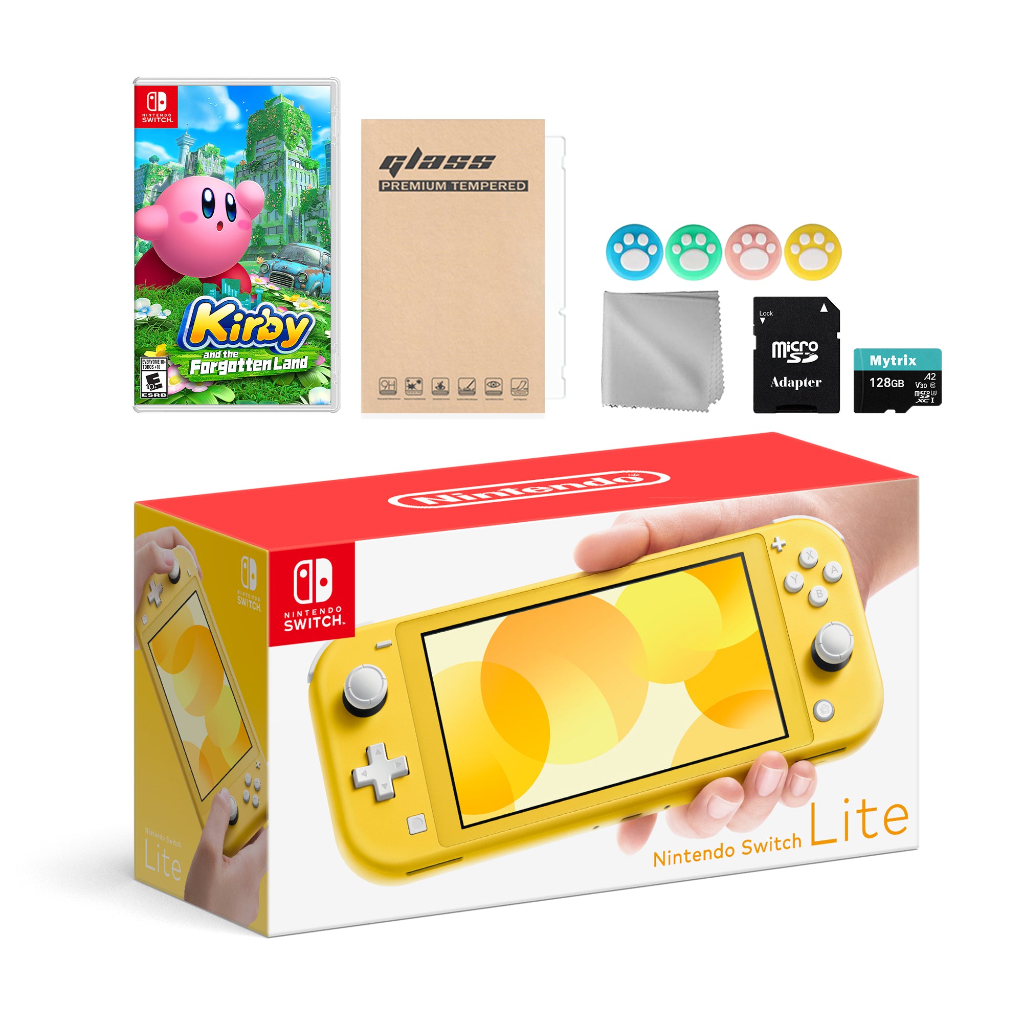Nintendo Switch Lite Yellow with Kirby and the Forgotten Land, Mytrix 128GB MicroSD Card and Accessories NS Game Disc Bundle Best Holiday Gift