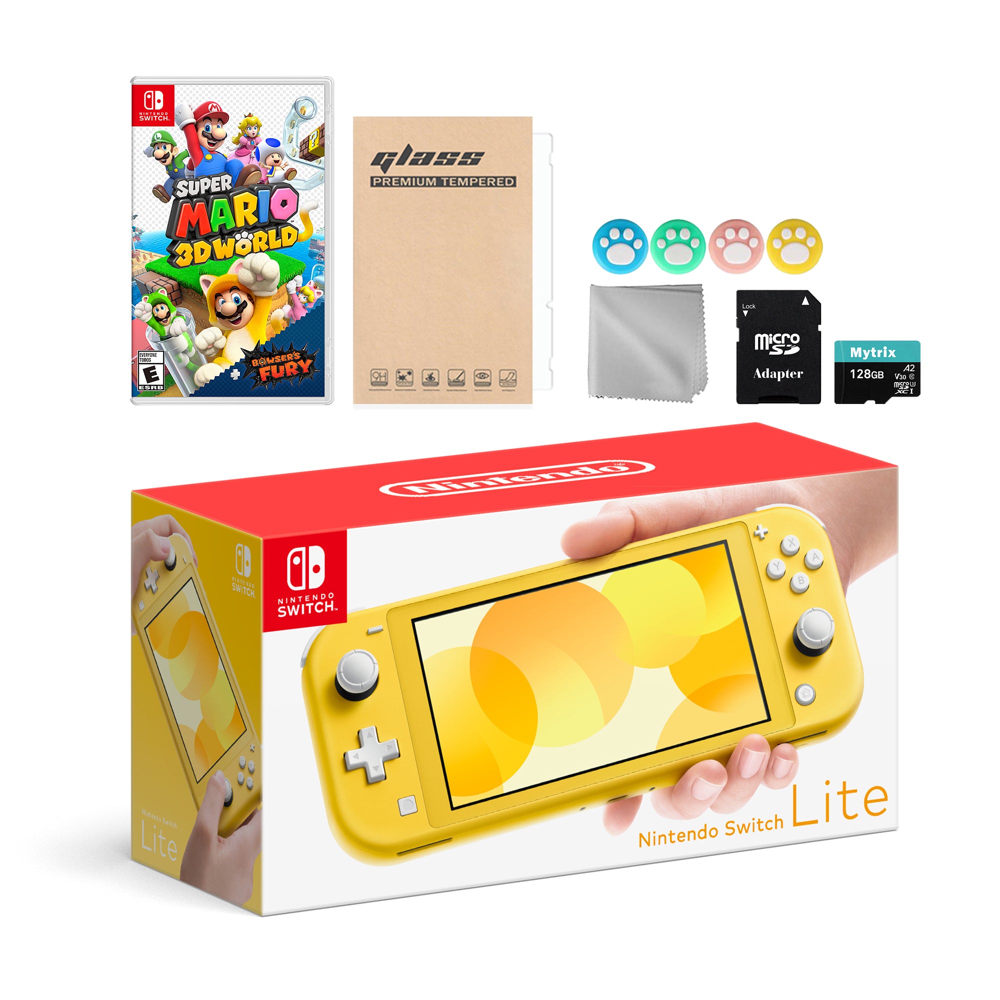 Nintendo Switch Lite Yellow with Super Mario 3D World + Bowser's Fury, Mytrix 128GB MicroSD Card and Accessories NS Game Disc Bundle Best Holiday Gift