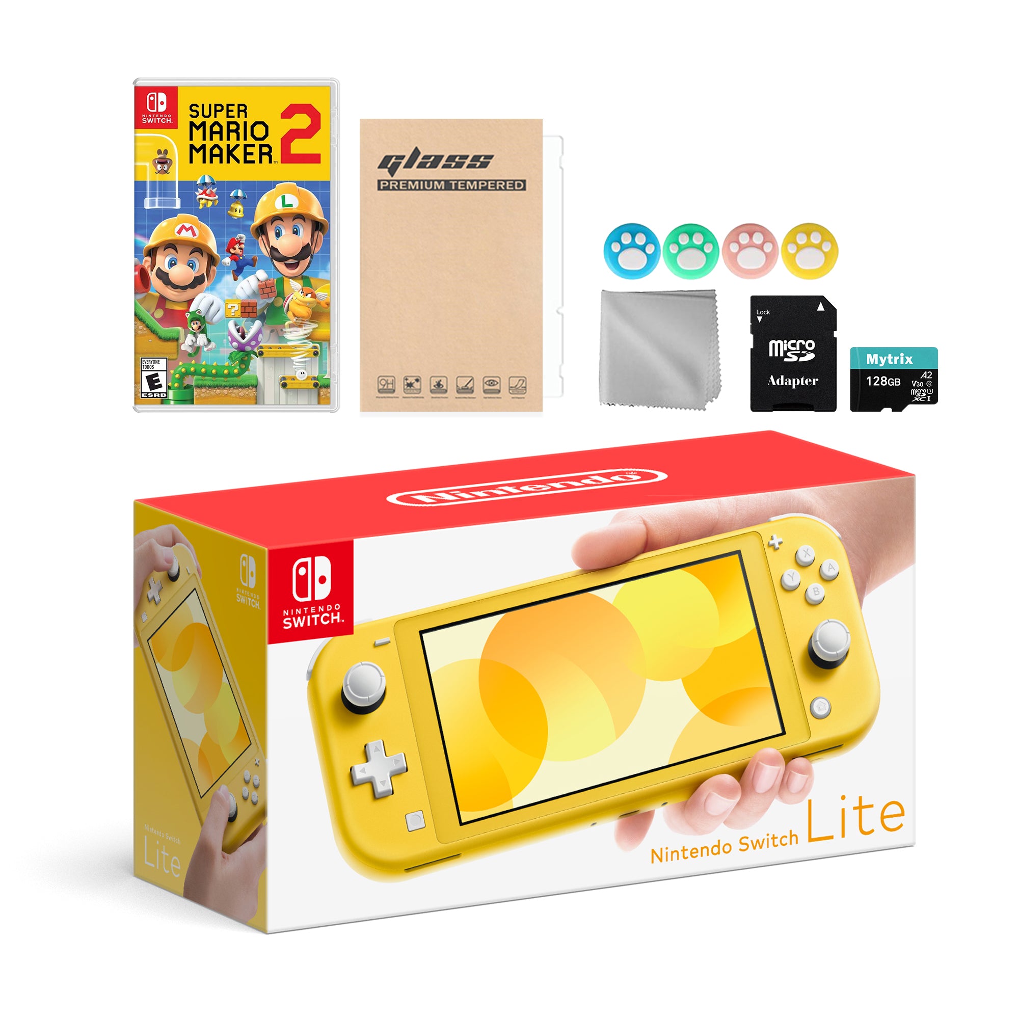 Nintendo Switch Lite Yellow with Super Mario Maker 2, Mytrix 128GB MicroSD Card and Accessories NS Game Disc Bundle Best Holiday Gift