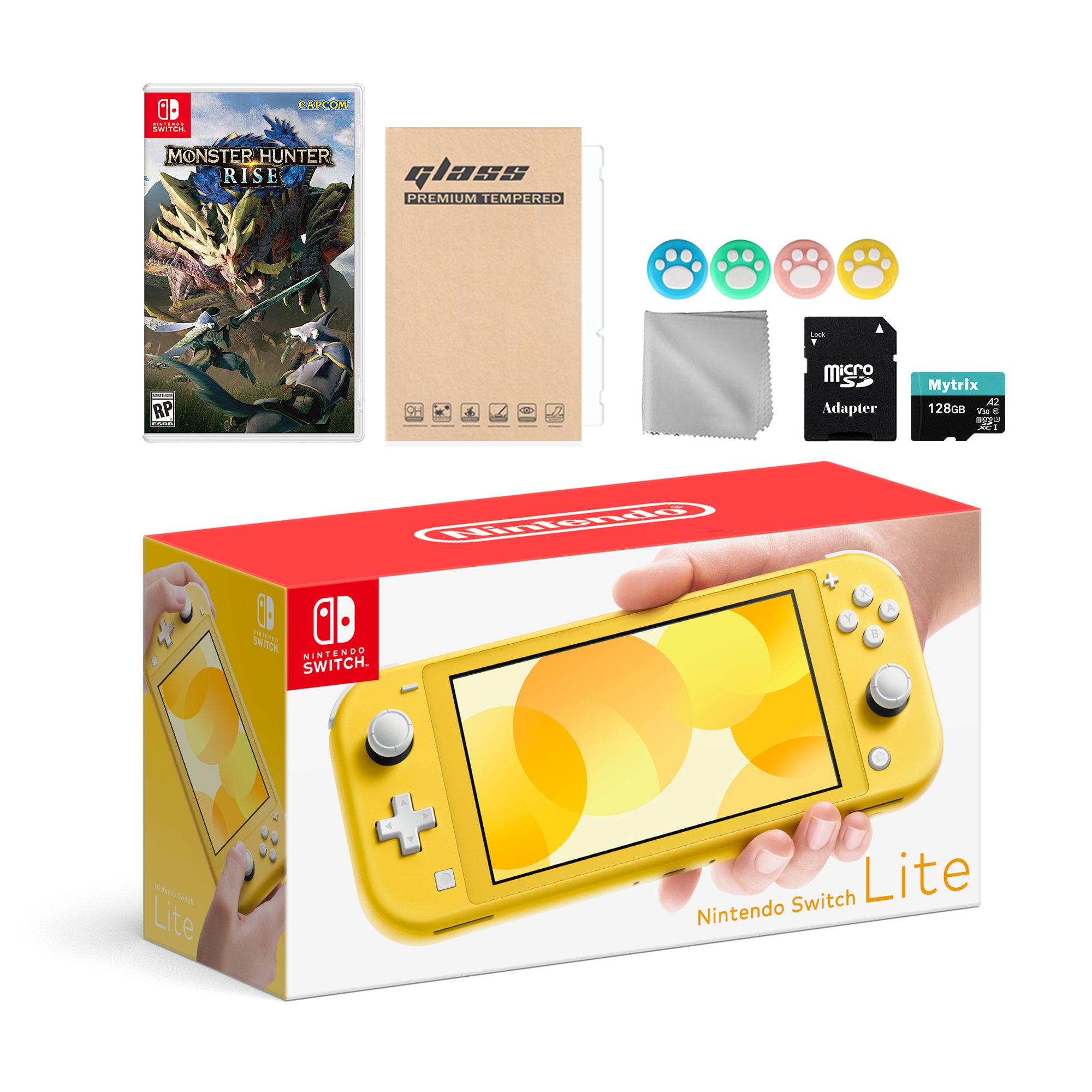 Nintendo Switch Lite Yellow with Monster Hunter: Rise, Mytrix 128GB MicroSD Card and Accessories NS Game Disc Bundle Best Holiday Gift