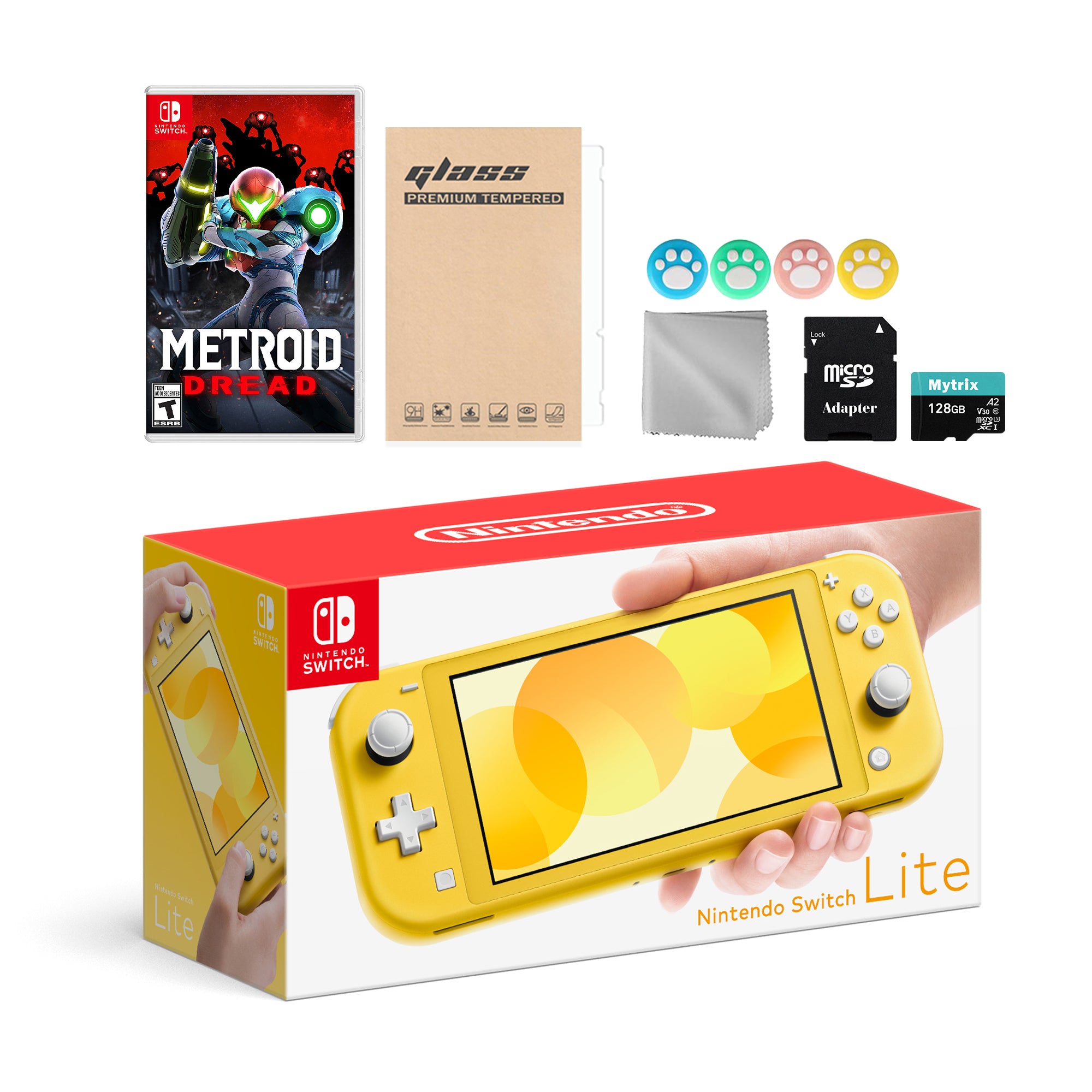 Nintendo Switch Lite Yellow with Metroid Dread, Mytrix 128GB MicroSD Card and Accessories NS Game Disc Bundle Best Holiday Gift