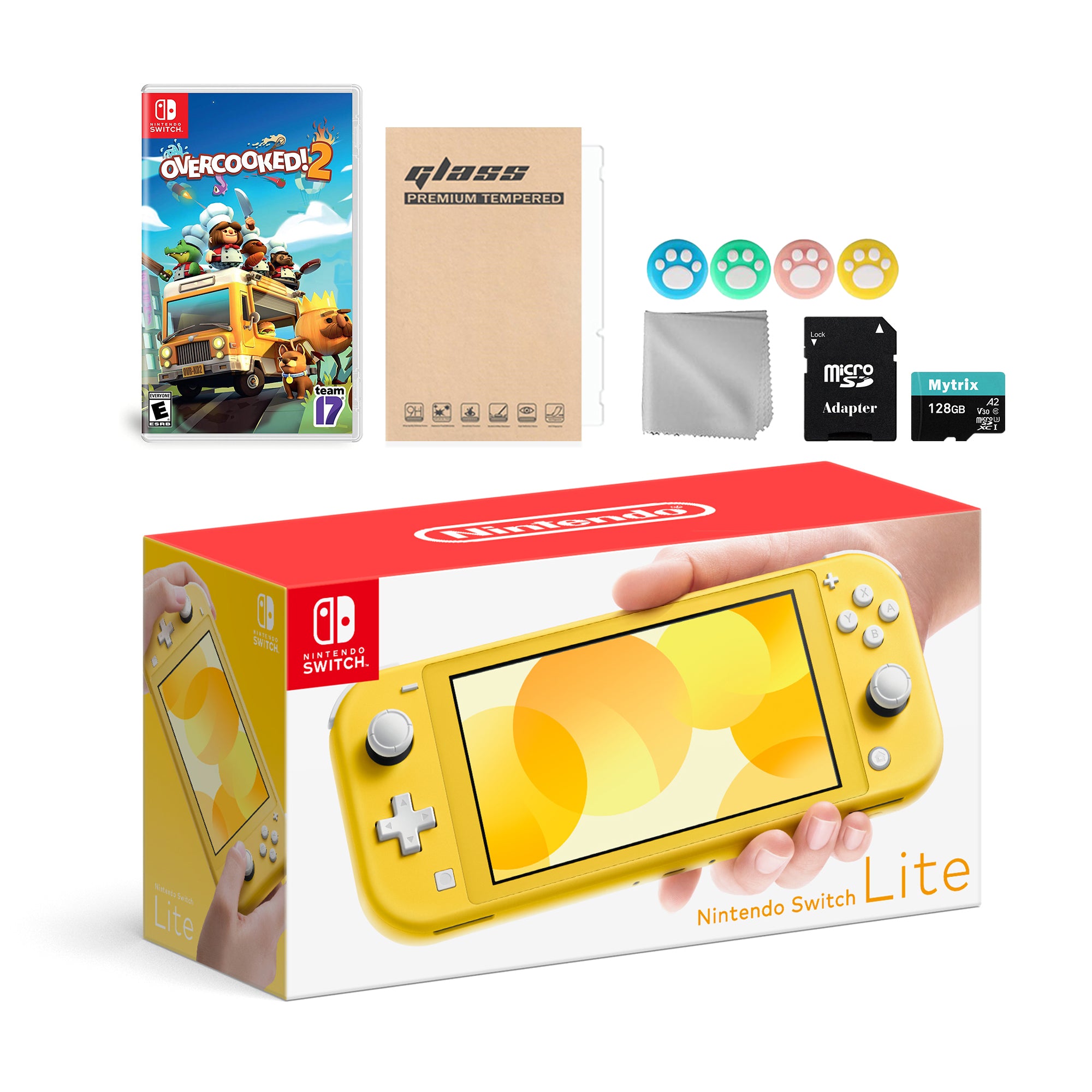 Nintendo Switch Lite Yellow with Overcooked! 2, Mytrix 128GB MicroSD Card and Accessories NS Game Disc Bundle Best Holiday Gift