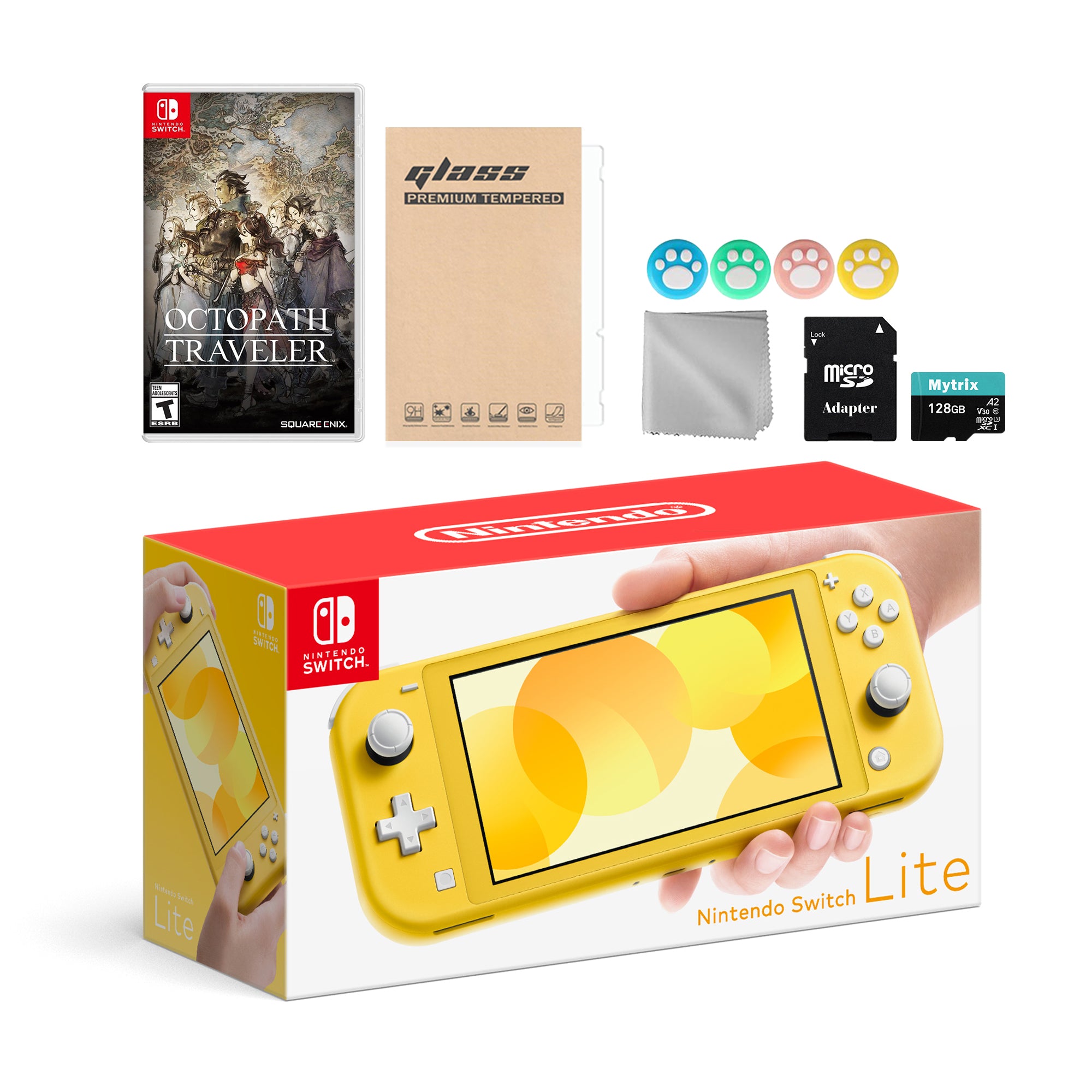 Nintendo Switch Lite Yellow with Octopath Traveler, Mytrix 128GB MicroSD Card and Accessories NS Game Disc Bundle Best Holiday Gift