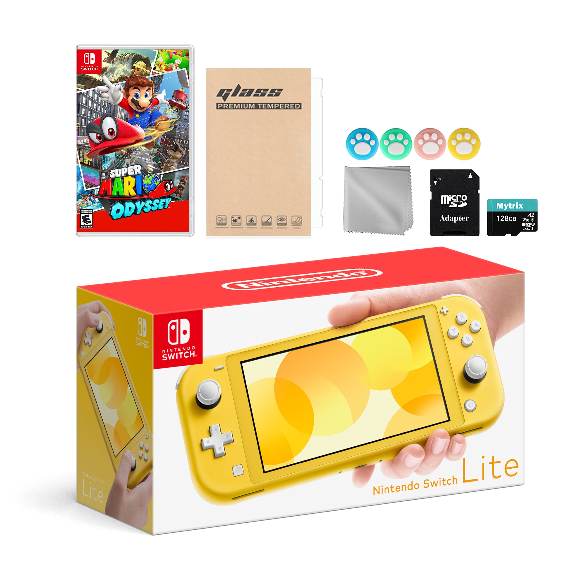 Nintendo Switch Lite Yellow with Super Mario Odyssey, Mytrix 128GB MicroSD Card and Accessories NS Game Disc Bundle Best Holiday Gift