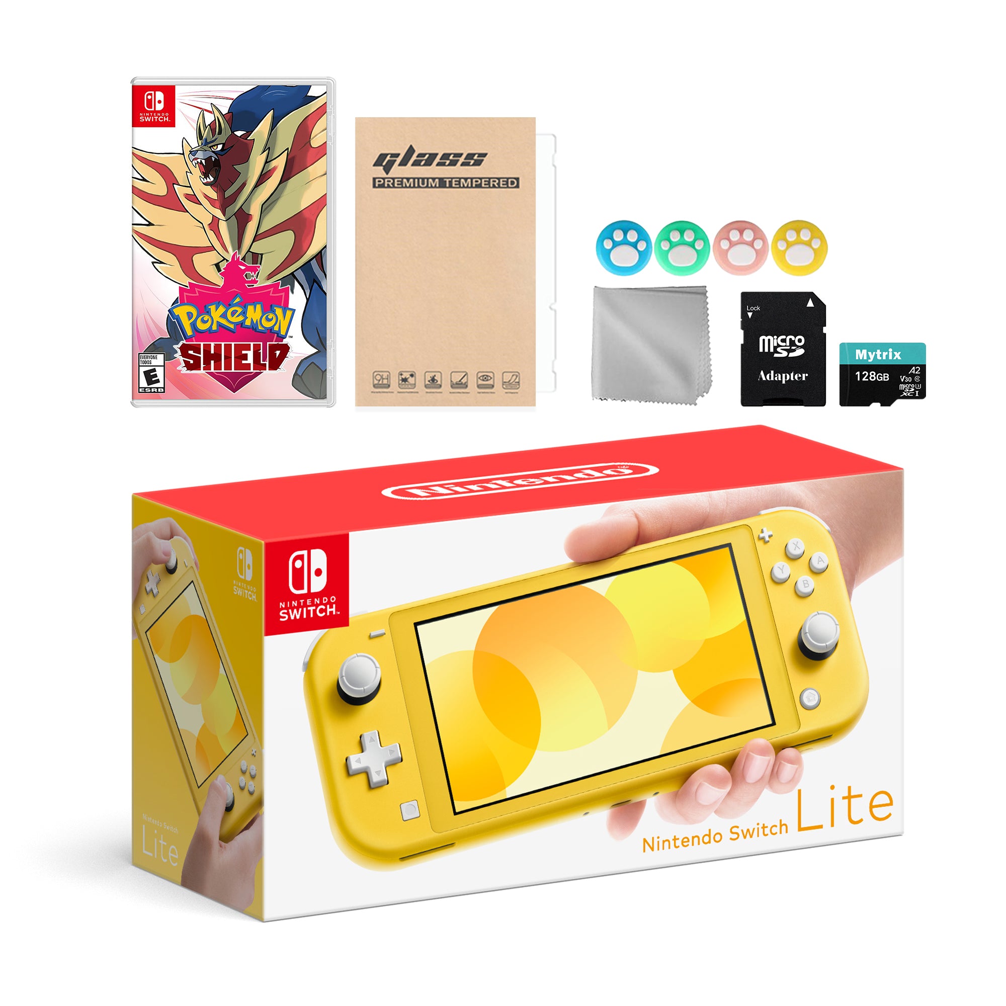 Nintendo Switch Lite Yellow with Pokemon Shield, Mytrix 128GB MicroSD Card and Accessories NS Game Disc Bundle Best Holiday Gift
