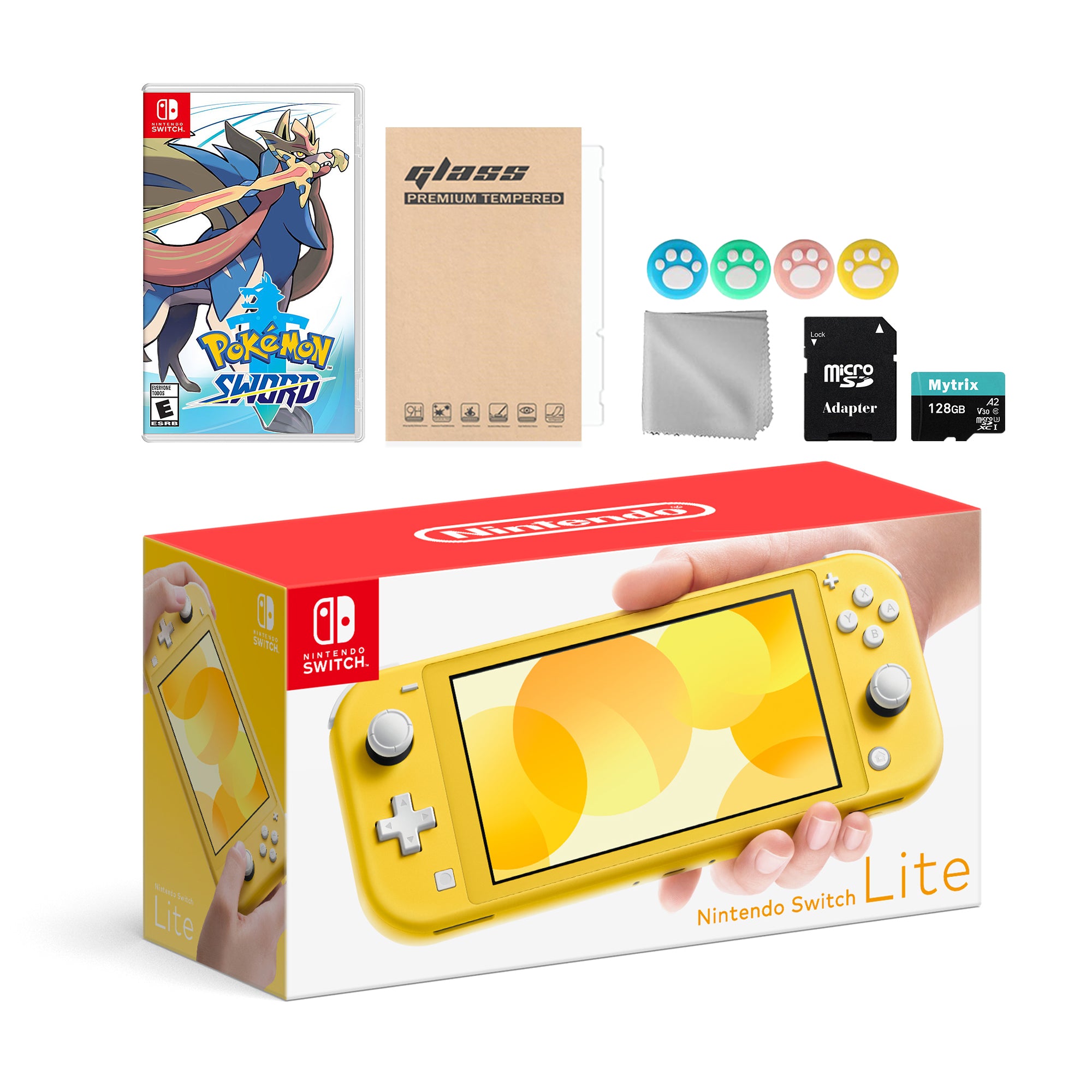 Nintendo Switch Lite Yellow with Pokemon Sword, Mytrix 128GB MicroSD Card and Accessories NS Game Disc Bundle Best Holiday Gift