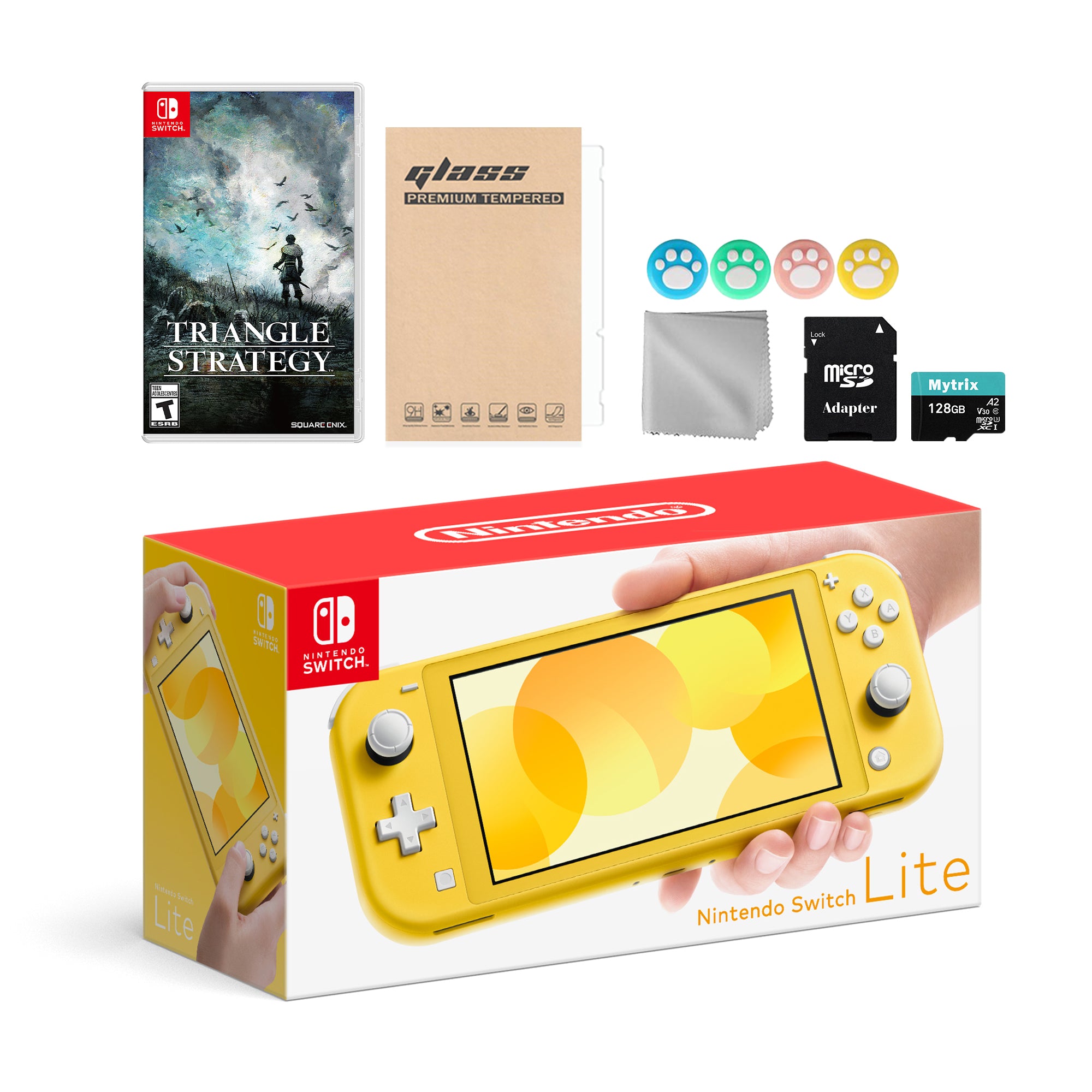 Nintendo Switch Lite Yellow with Triangle Strategy, Mytrix 128GB MicroSD Card and Accessories NS Game Disc Bundle Best Holiday Gift