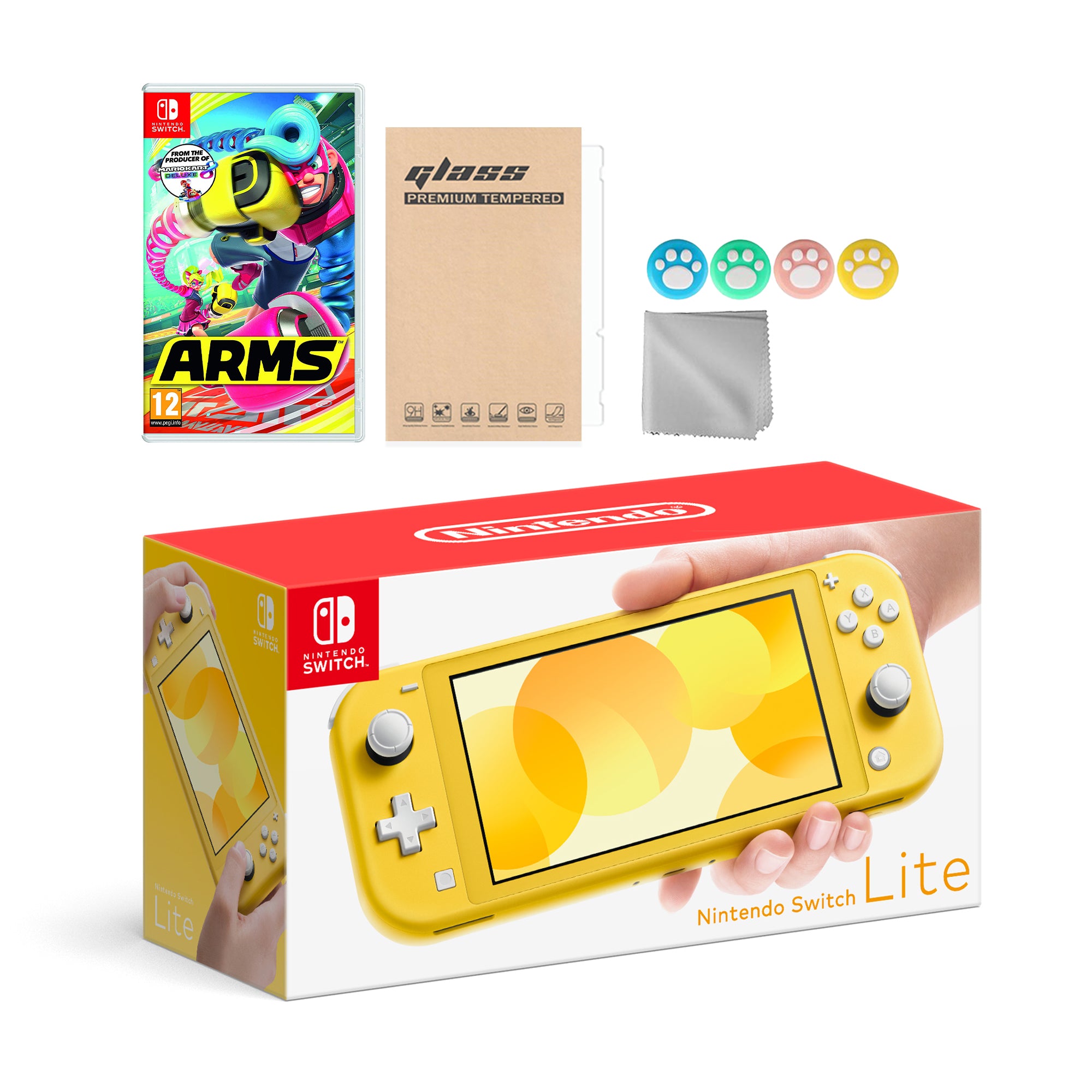 Nintendo Switch Lite Yellow with Arms and Mytrix Accessories NS Game Disc Bundle Best Holiday Gift
