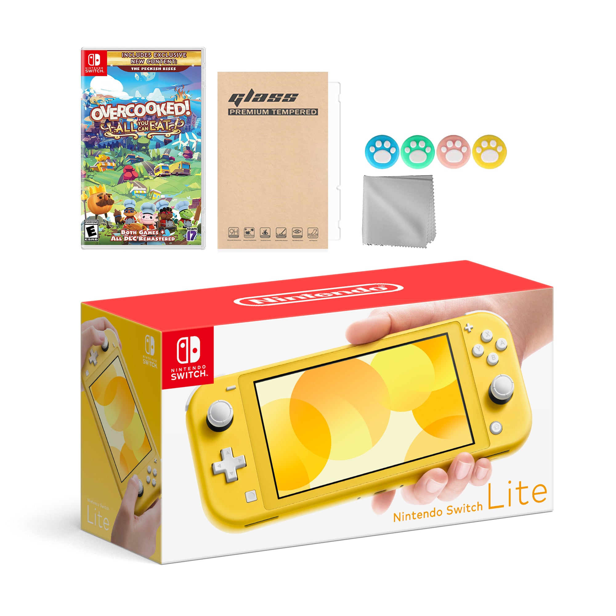 Nintendo Switch Lite Yellow with Overcooked! All You Can Eat and Mytrix Accessories NS Game Disc Bundle Best Holiday Gift