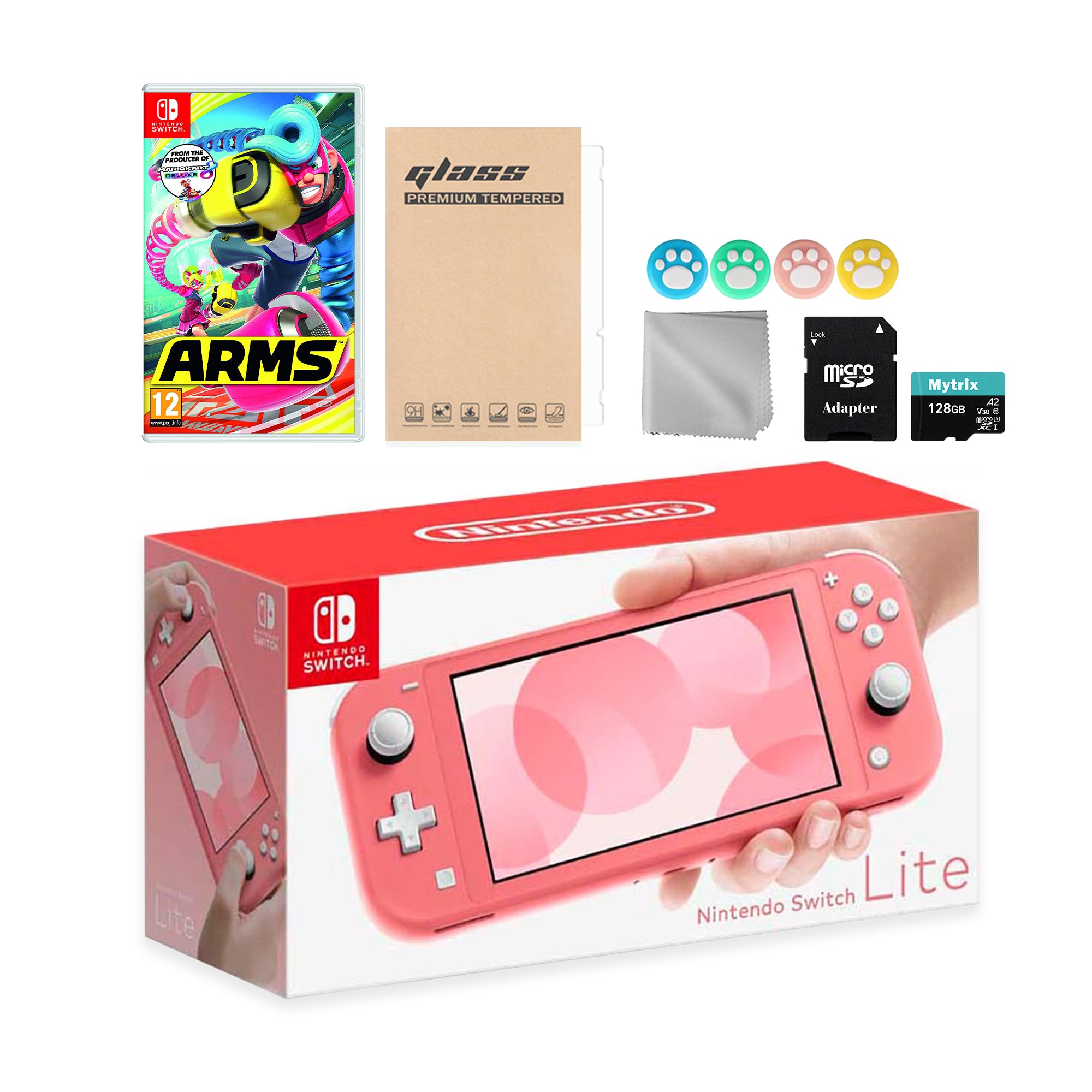 Nintendo Switch Lite Coral with Arms, Mytrix 128GB MicroSD Card and Accessories NS Game Disc Bundle Best Holiday Gift