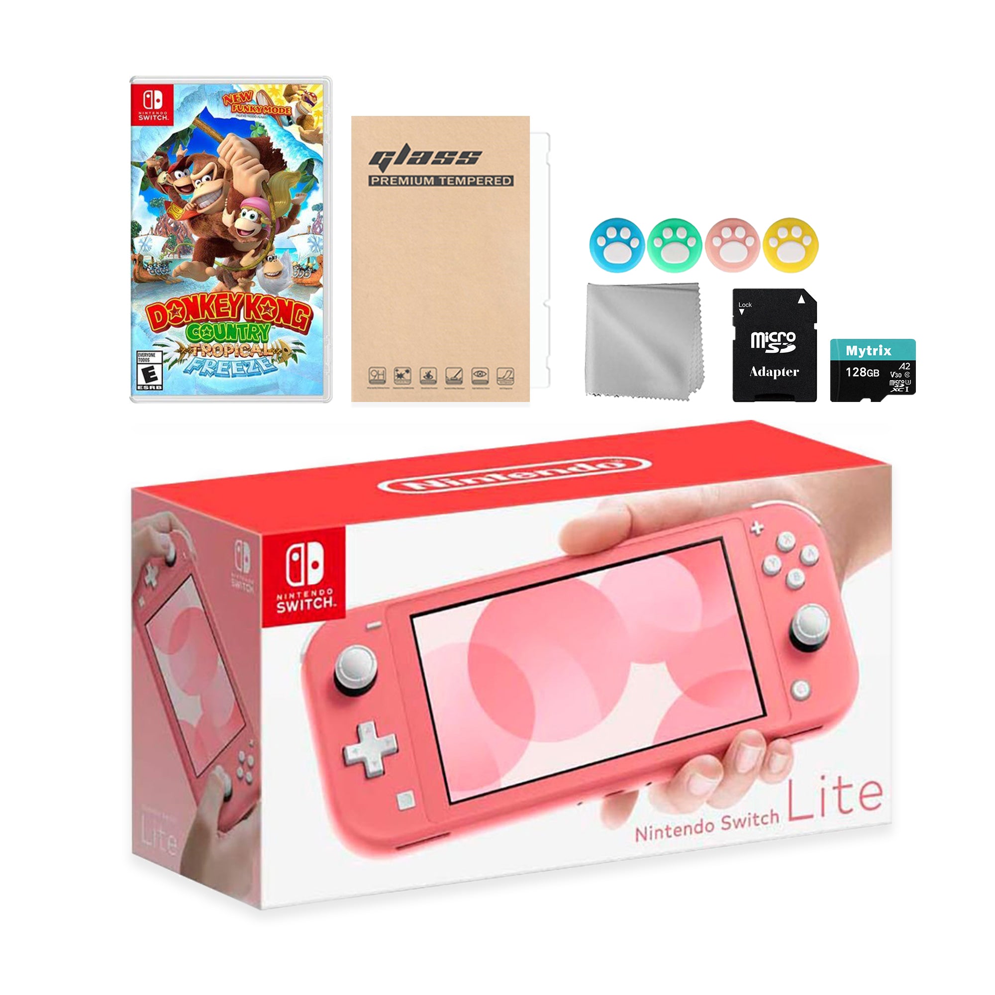 Nintendo Switch Lite Coral with Donkey Kong Country, Mytrix 128GB MicroSD Card and Accessories NS Game Disc Bundle Best Holiday Gift