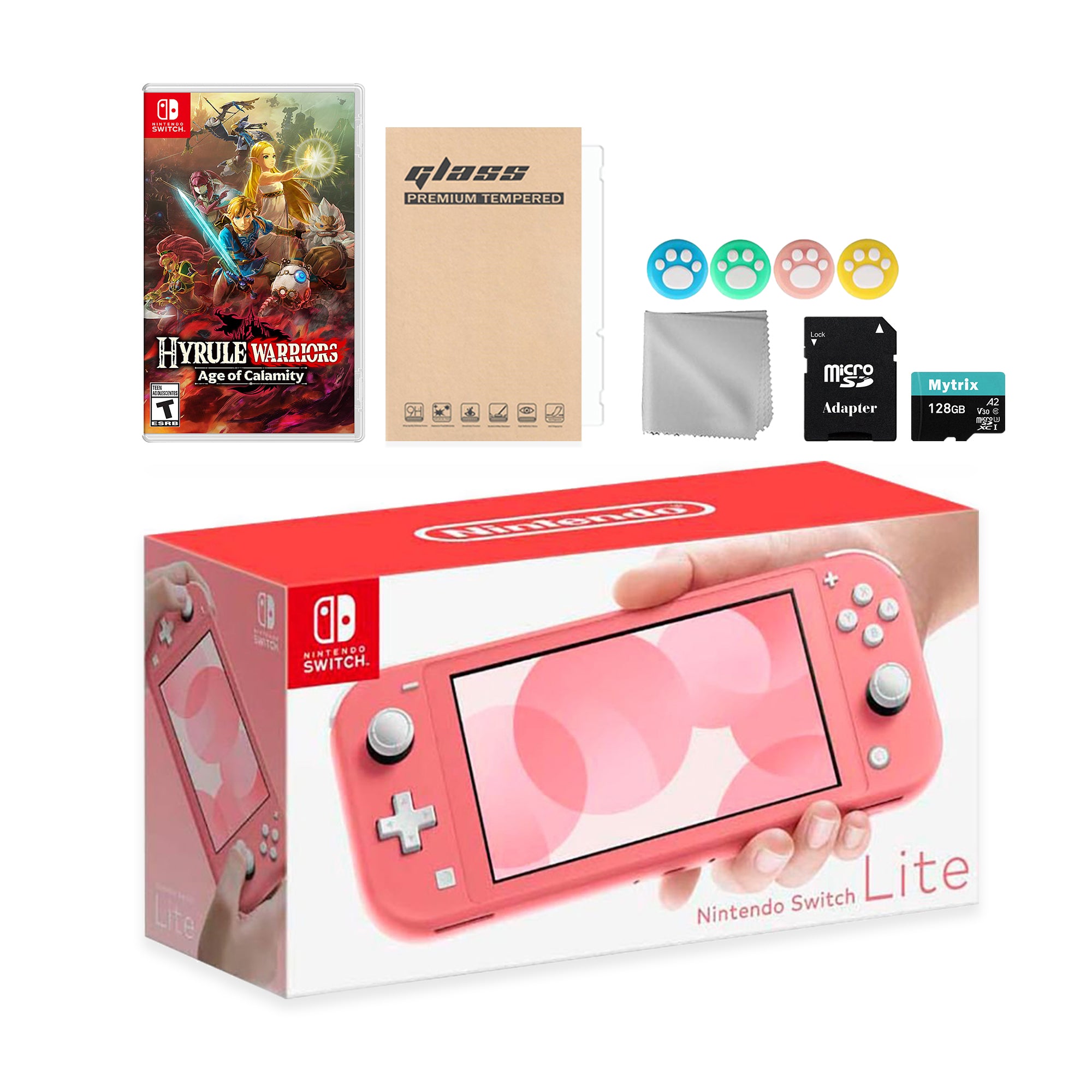 Nintendo Switch Lite Coral with Hyrule Warriors: Age of Calamity, Mytrix 128GB MicroSD Card and Accessories NS Game Disc Bundle Best Holiday Gift