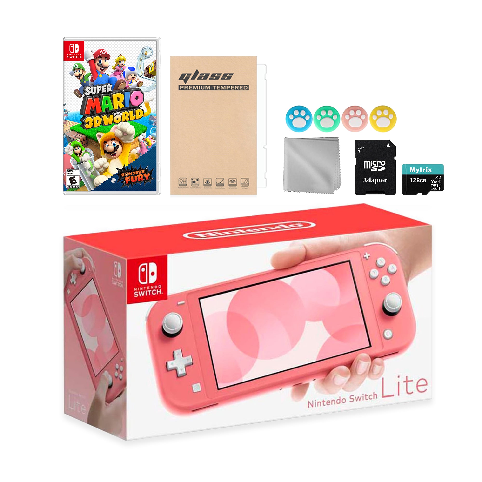 Nintendo Switch Lite Coral with Super Mario 3D World + Bowser's Fury, Mytrix 128GB MicroSD Card and Accessories NS Game Disc Bundle Best Holiday Gift