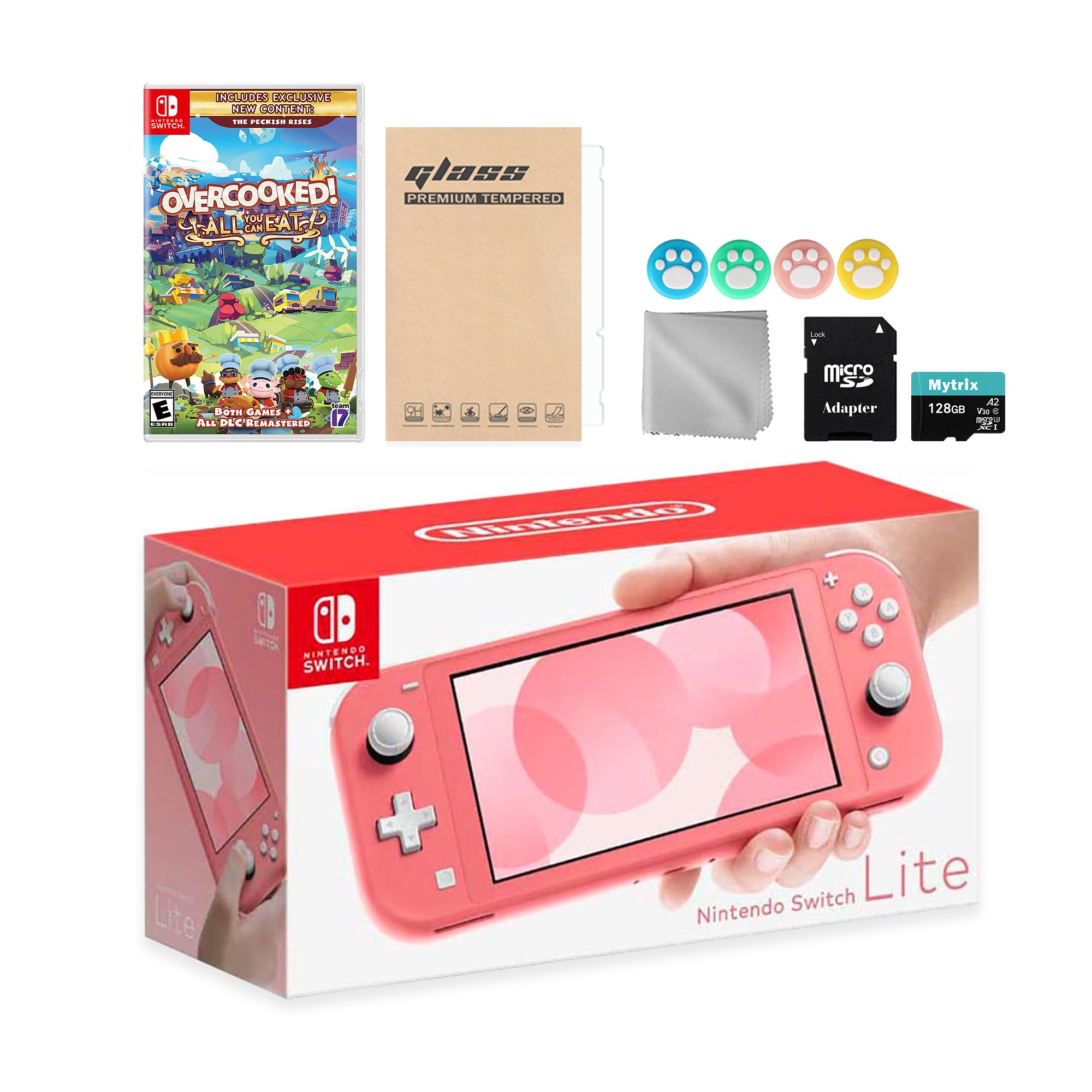 Nintendo Switch Lite Coral with Overcooked! All You Can Eat, Mytrix 128GB MicroSD Card and Accessories NS Game Disc Bundle Best Holiday Gift