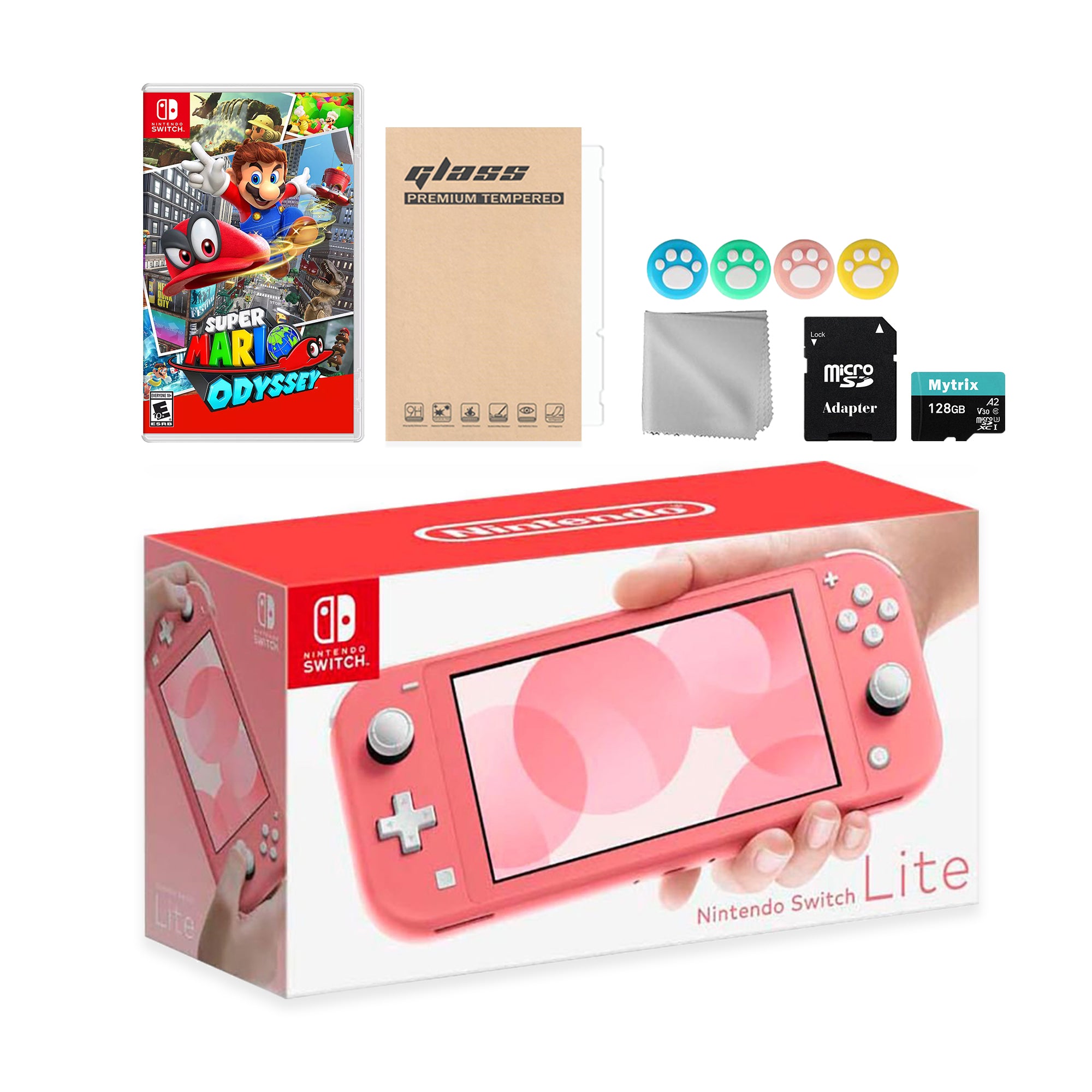 Nintendo Switch Lite Coral with Super Mario Odyssey, Mytrix 128GB MicroSD Card and Accessories NS Game Disc Bundle Best Holiday Gift