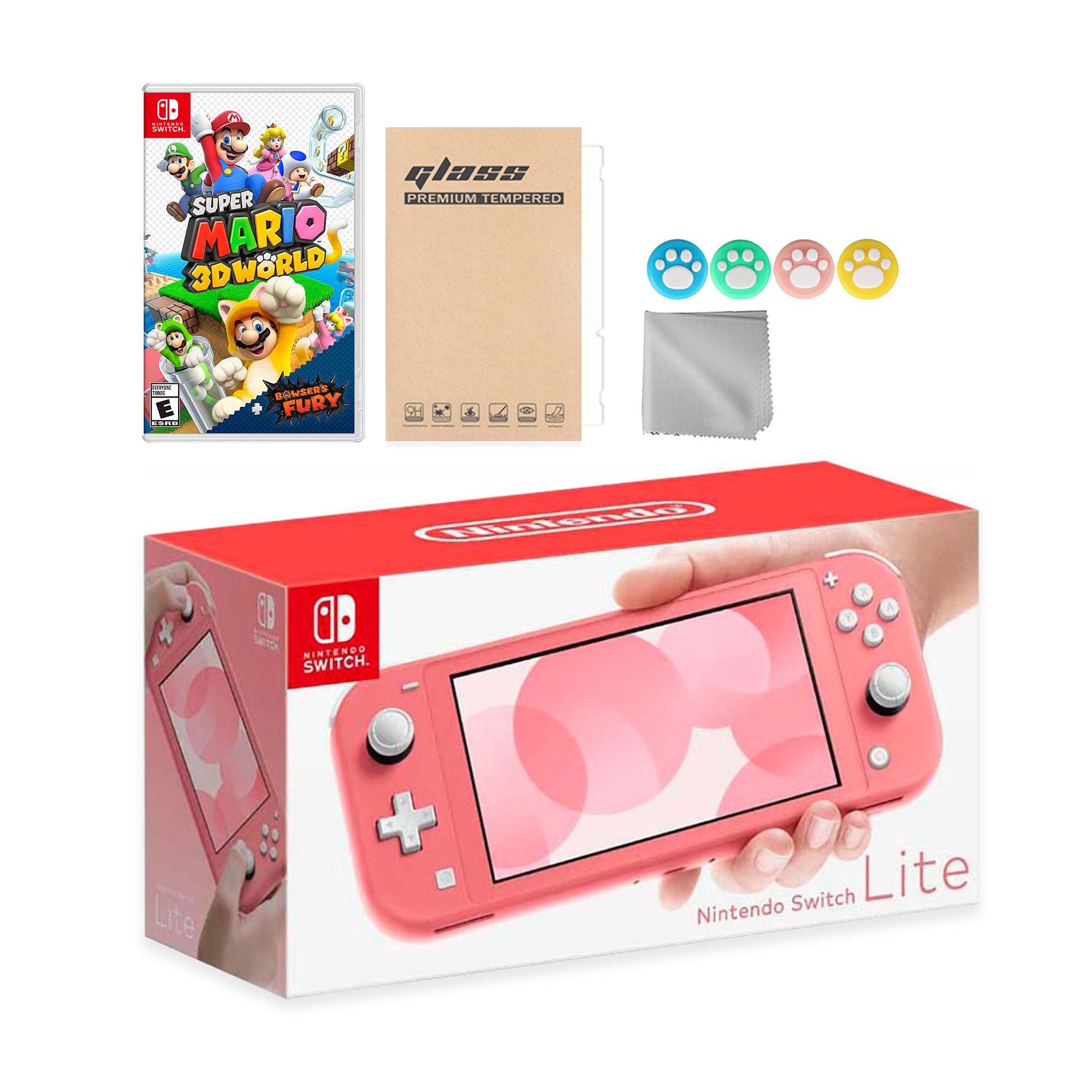 Nintendo Switch Lite Coral with Super Mario 3D World + Bowser's Fury and Mytrix Accessories NS Game Disc Bundle Best Holiday Gift