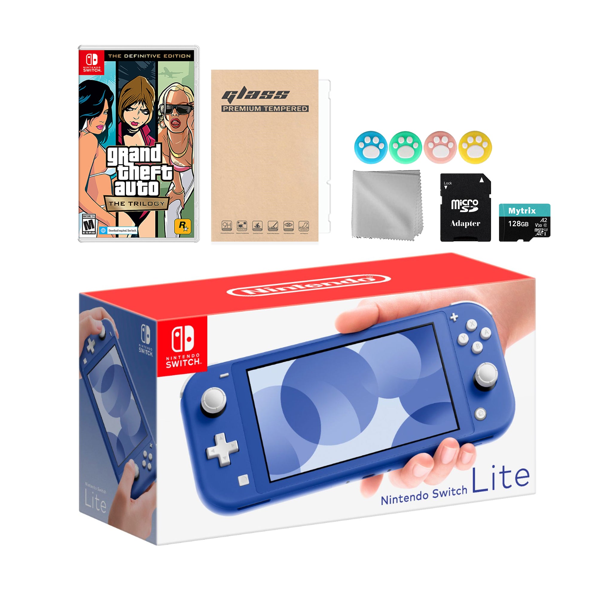 Nintendo Switch Lite Blue with Grand Theft Auto: The Trilogy, Mytrix 128GB MicroSD Card and Accessories NS Game Disc Bundle Best Holiday Gift
