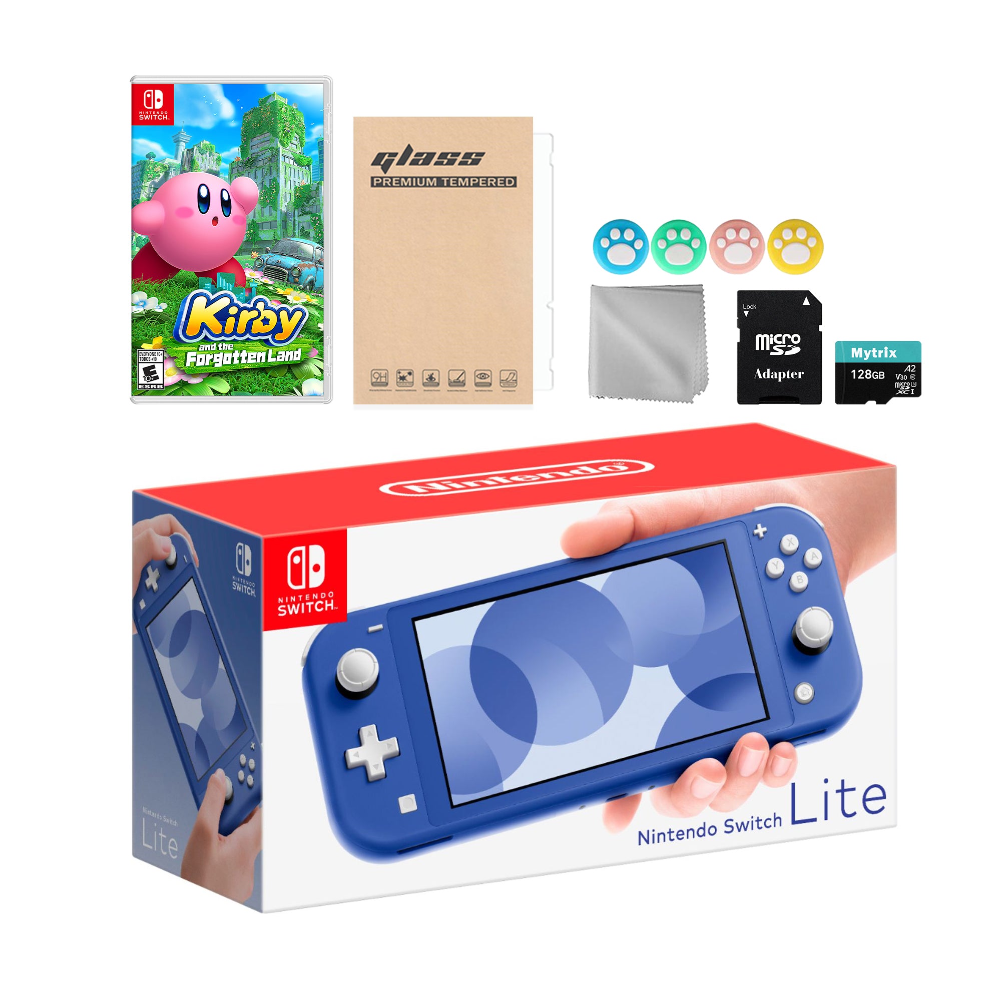 Nintendo Switch Lite Blue with Kirby and the Forgotten Land, Mytrix 128GB MicroSD Card and Accessories NS Game Disc Bundle Best Holiday Gift