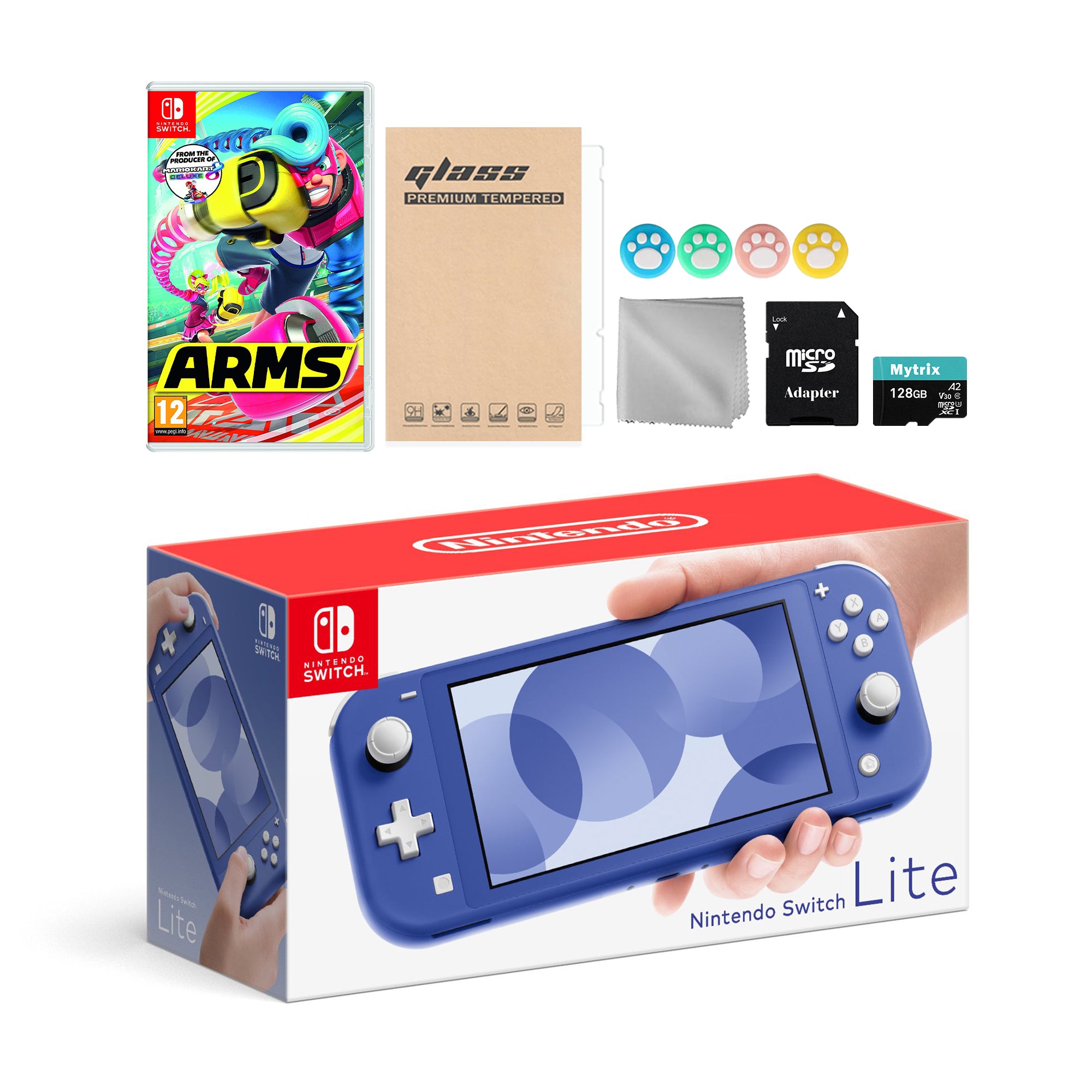 Nintendo Switch Lite Blue with Arms, Mytrix 128GB MicroSD Card and Accessories NS Game Disc Bundle Best Holiday Gift