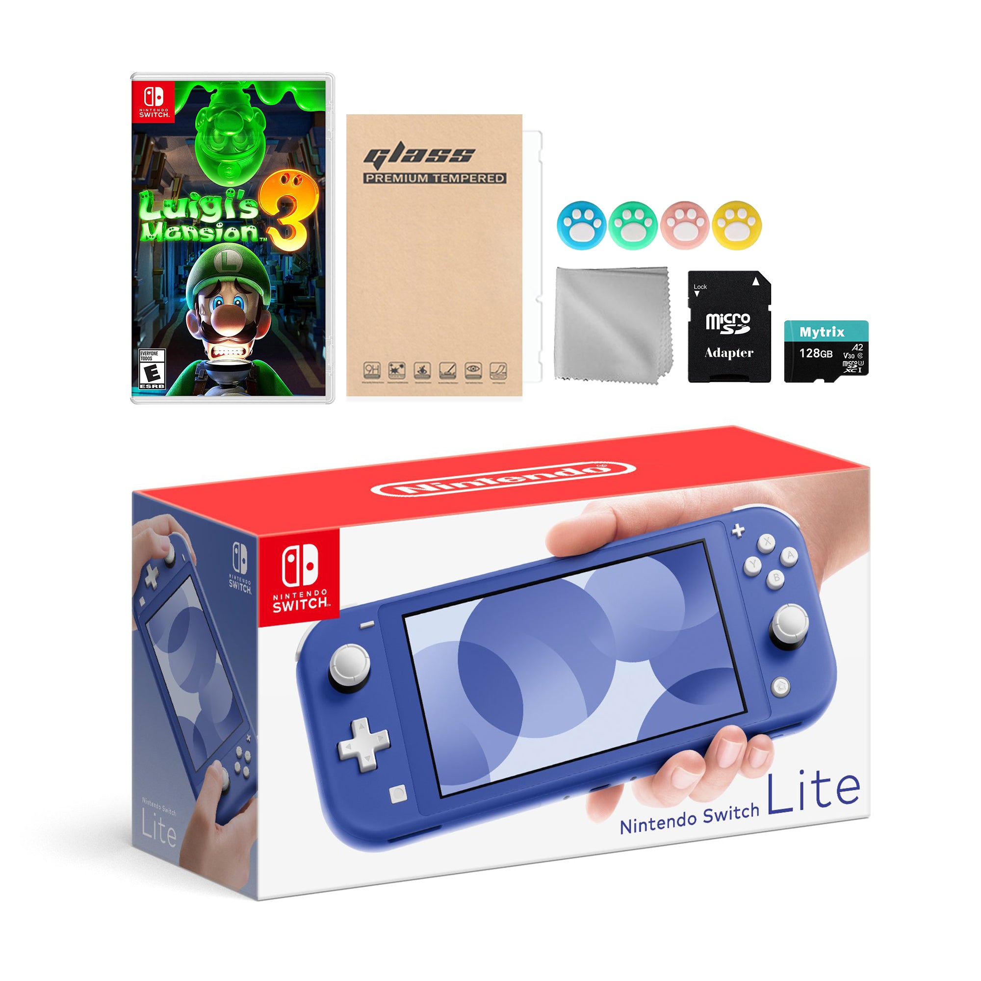 Nintendo Switch Lite Blue with Luigi's Mansion 3, Mytrix 128GB MicroSD Card and Accessories NS Game Disc Bundle Best Holiday Gift
