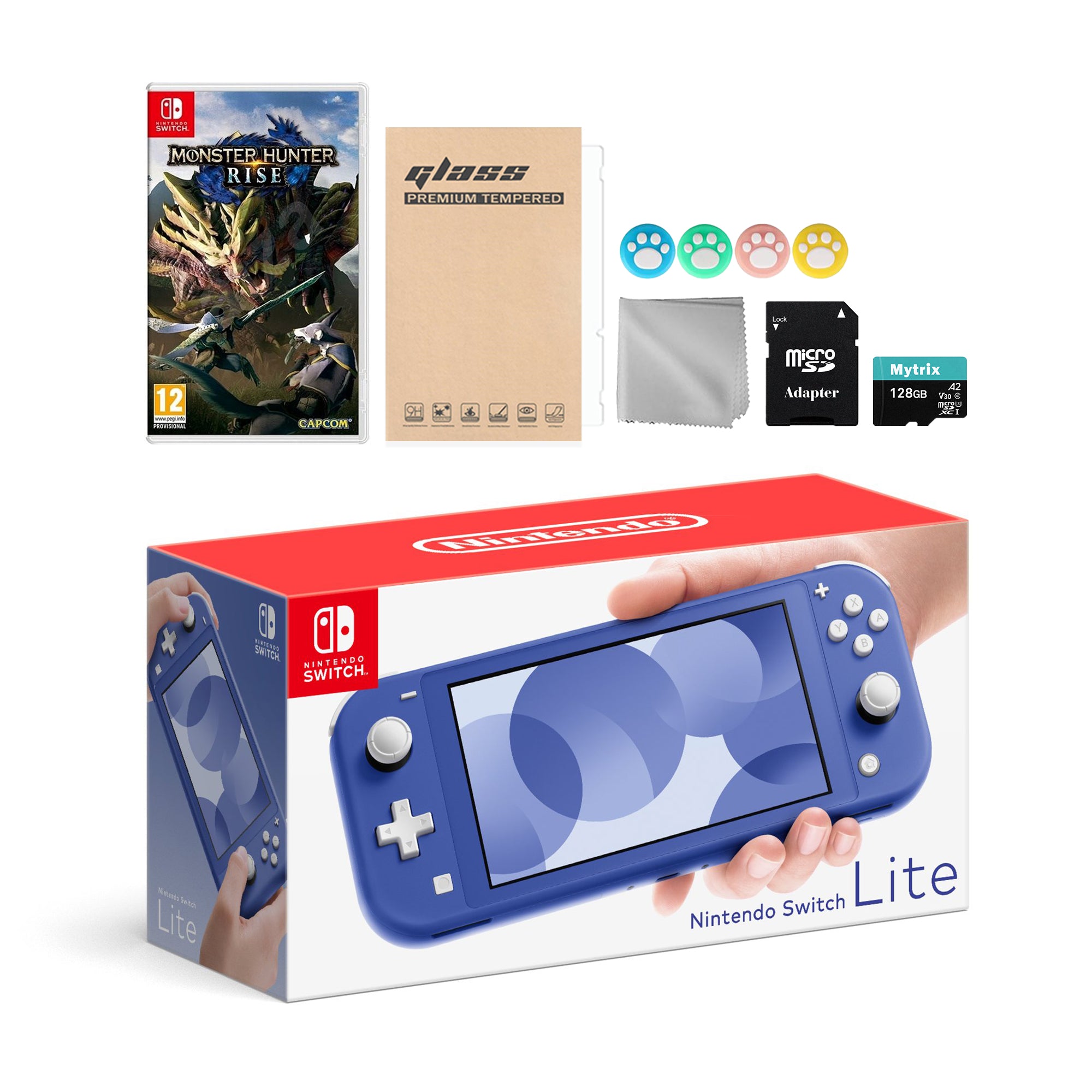 Nintendo Switch Lite Blue with Monster Hunter: Rise, Mytrix 128GB MicroSD Card and Accessories NS Game Disc Bundle Best Holiday Gift
