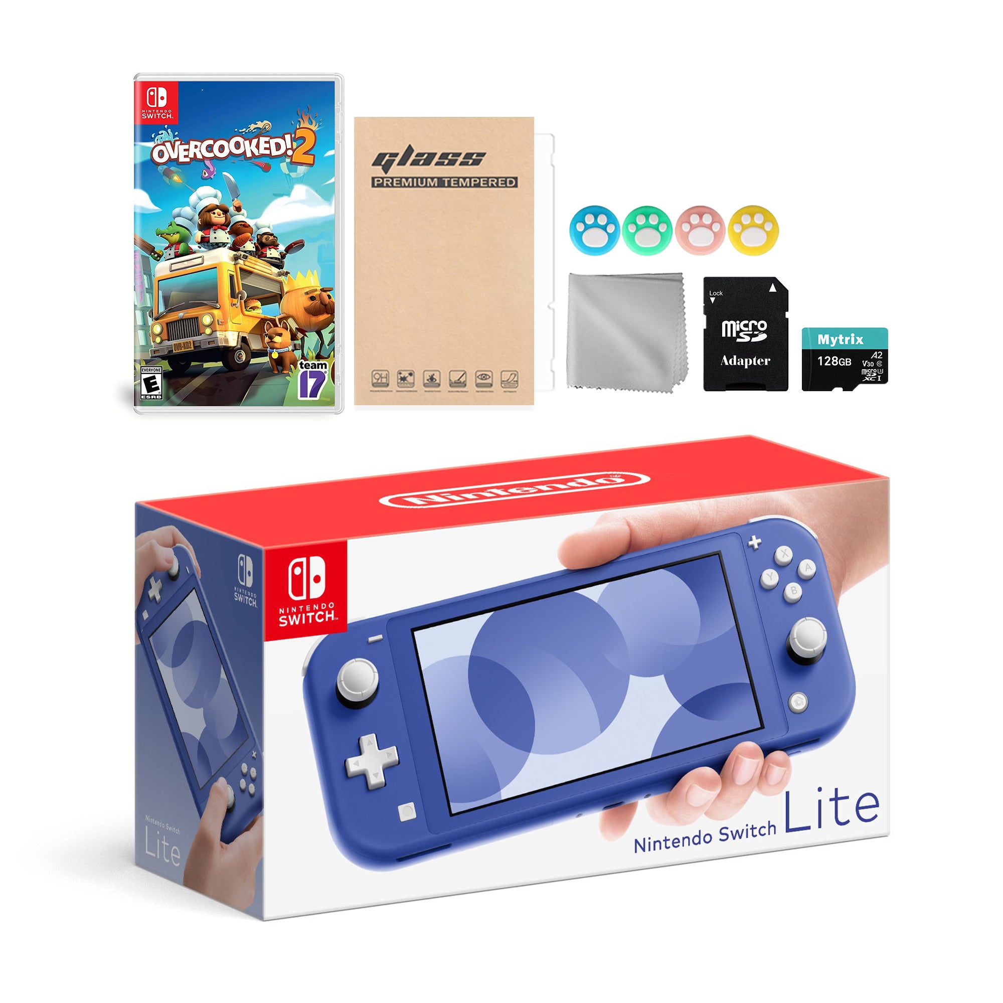 Nintendo Switch Lite Blue with Overcooked! 2, Mytrix 128GB MicroSD Card and Accessories NS Game Disc Bundle Best Holiday Gift