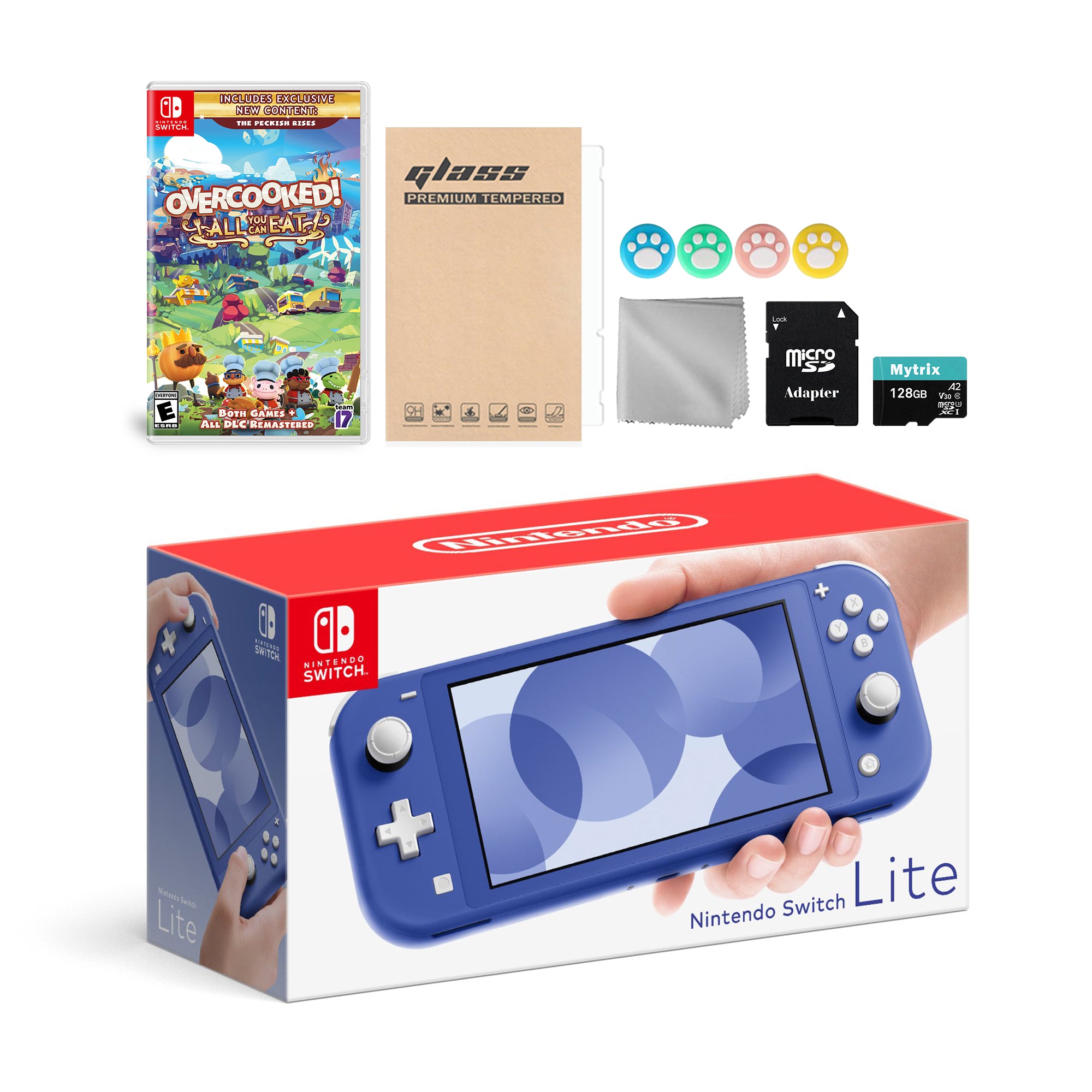 Nintendo Switch Lite Blue with Overcooked! All You Can Eat, Mytrix 128GB MicroSD Card and Accessories NS Game Disc Bundle Best Holiday Gift