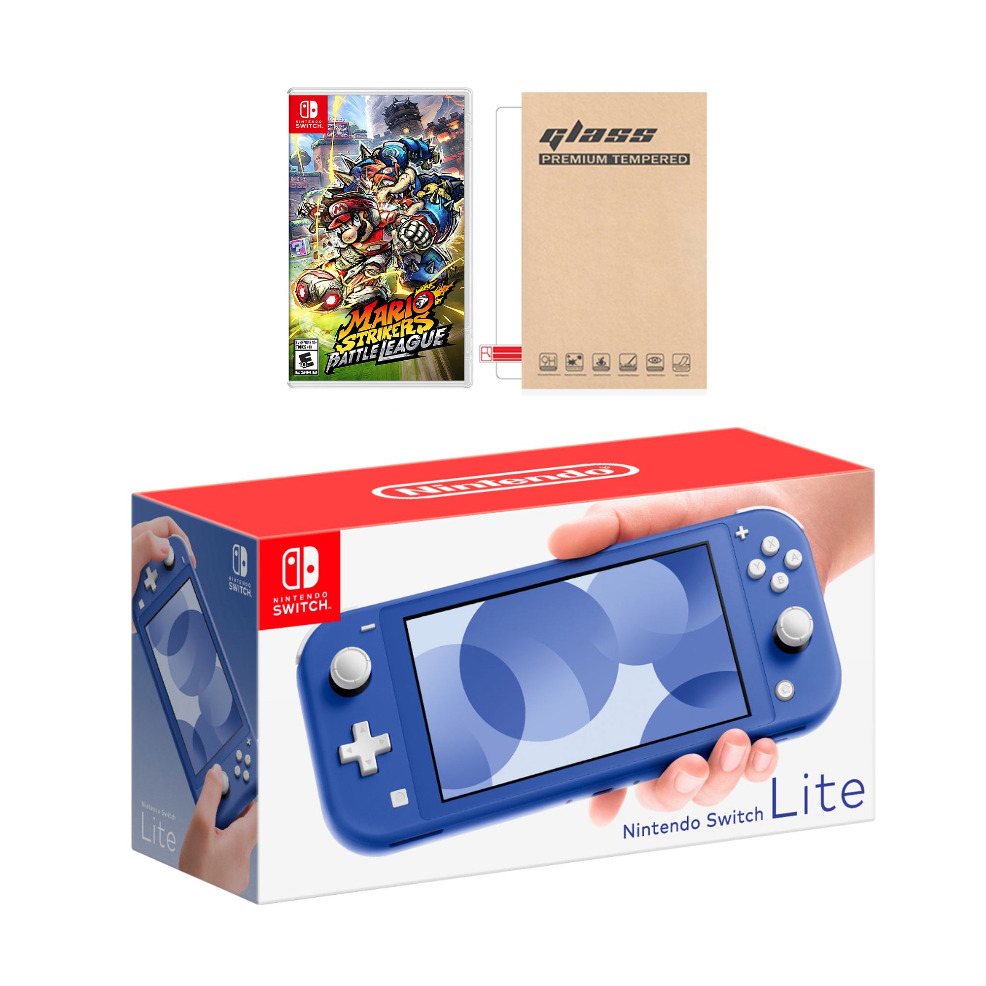 Nintendo Switch Lite Blue with Mario Strikers Battle League & Mytrix Screen Protector