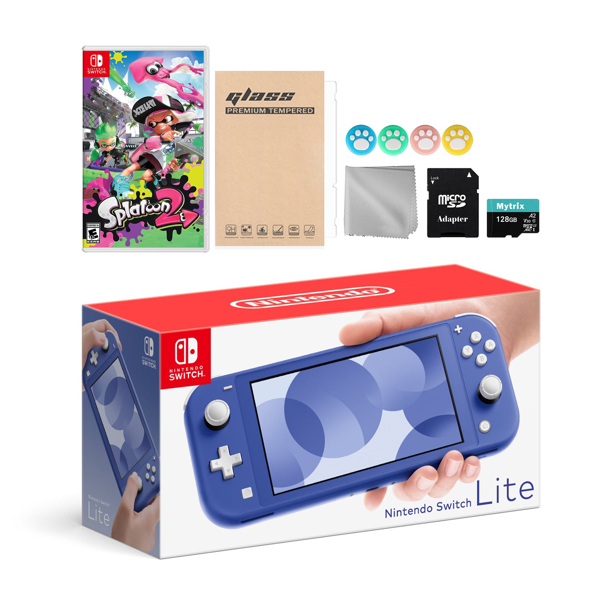 Nintendo Switch Lite Blue with Splatoon 2, Mytrix 128GB MicroSD Card and Accessories NS Game Disc Bundle Best Holiday Gift