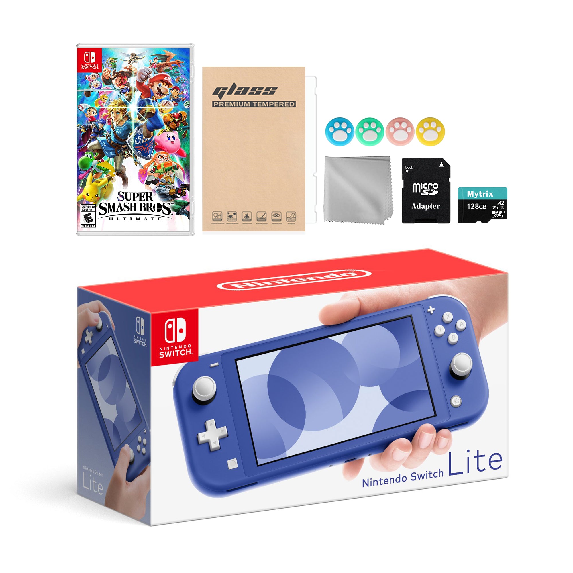 Nintendo Switch Lite Blue with Super Smash Bros. Ultimate, Mytrix 128GB MicroSD Card and Accessories NS Game Disc Bundle Best Holiday Gift