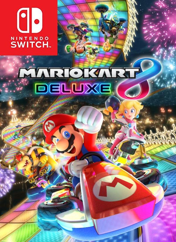 Nintendo Switch Mario Kart 8 Neon Deluxe Racing Bundle: Red Blue Joy Con Console, Mario Kart 8 Deluxe & Online Membership, Travel Case, Additional Pink/Green JoyCons, 4 Pcs Mytrix Wheels & Grips