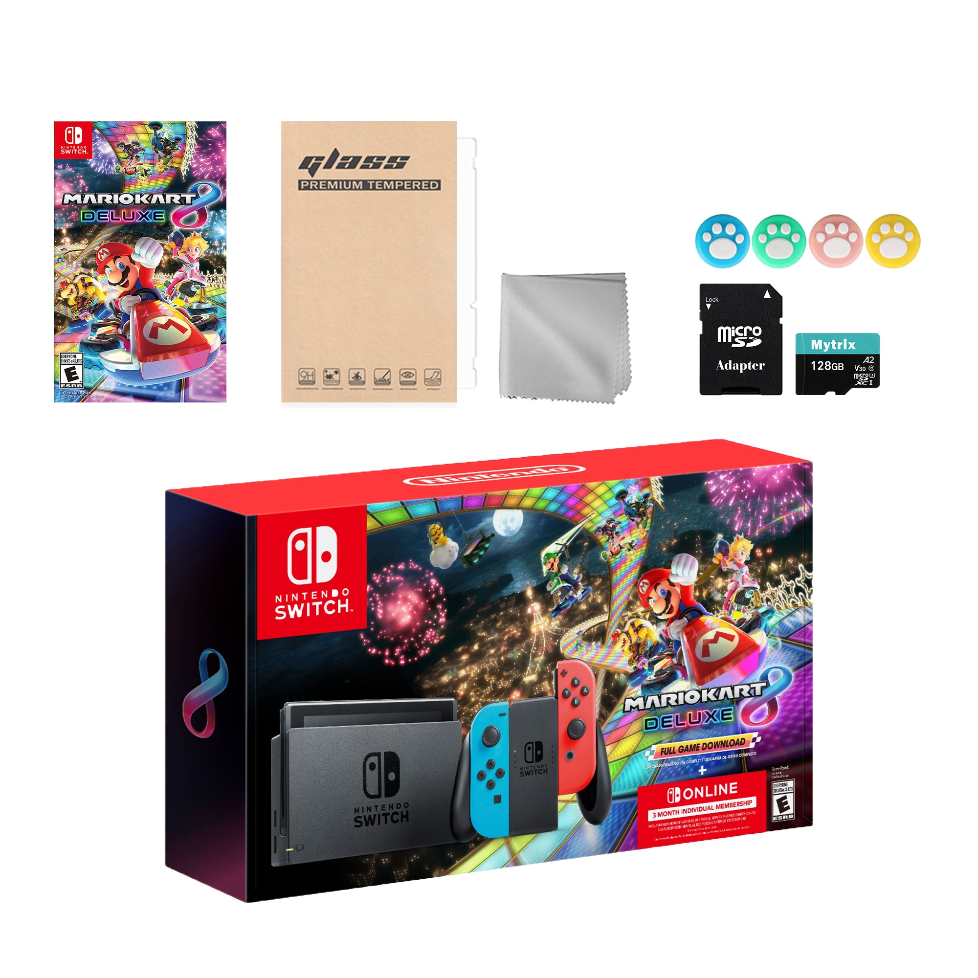 Nintendo Switch Mario Kart 8 Deluxe Bundle: Red Blue Console, Mario Kart 8 & Membership, Mytrix 128GB MicroSD Card and Accessories