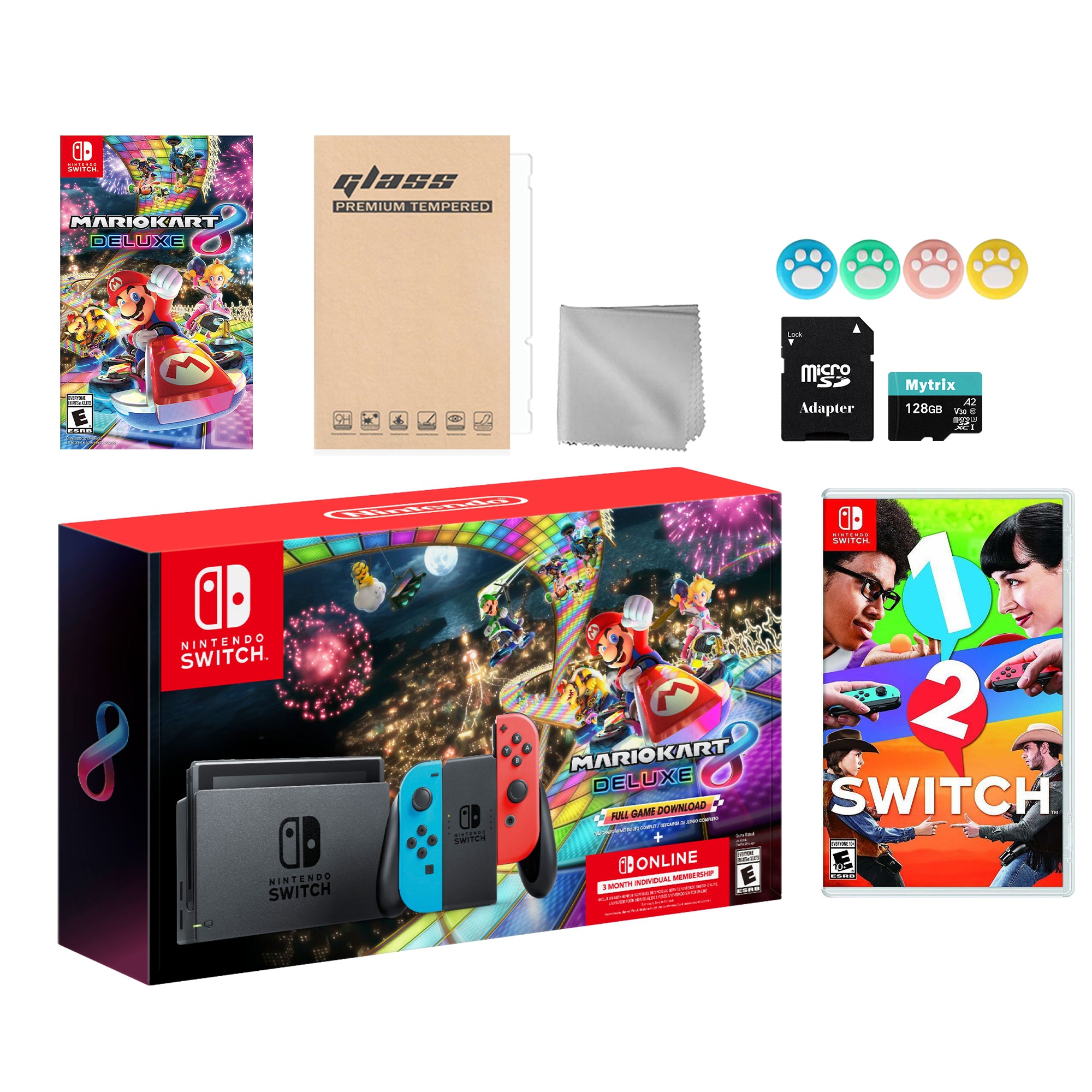 Nintendo Switch Mario Kart 8 Deluxe Bundle: Red Blue Console, Mario Kart 8 & Membership, 1-2 Switch, Mytrix 128GB MicroSD Card and Accessories
