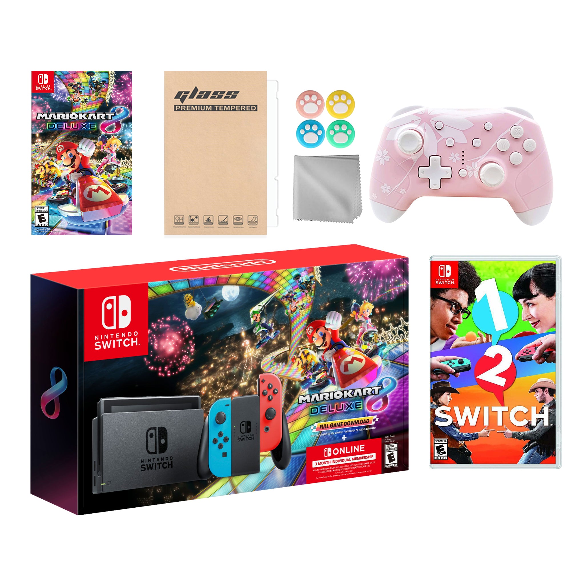 Nintendo Switch Mario Kart 8 Deluxe Bundle: Red Blue Console, Mario Kart 8 & Membership, 1-2 Switch, Mytrix Wireless Pro Controller Pink Cherry Blossom and Accessories